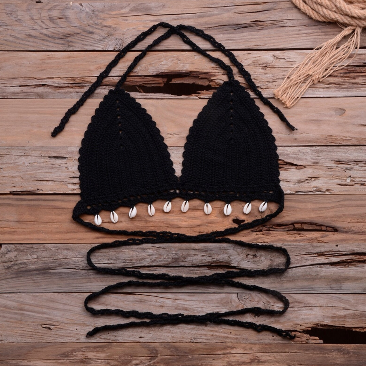 Crochet Cowrie Shell Trimmed Tie Up Bra Top - 2 Colours