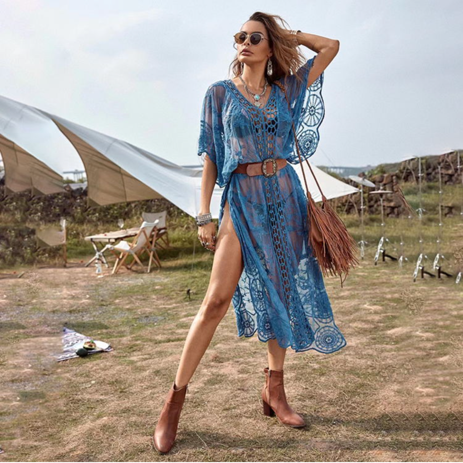 Indie Boho Long Lace Sheer Cover Up Festival Dress - 4 Colours