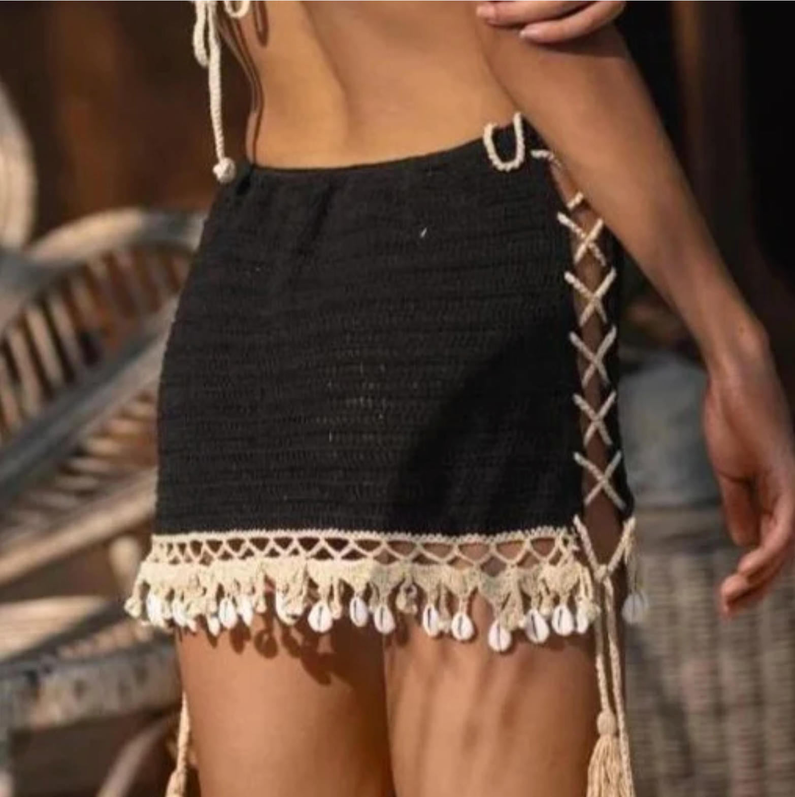 Crochet Cowrie Shell Trimmed Lace Up Mini Skirt - 2 Colours
