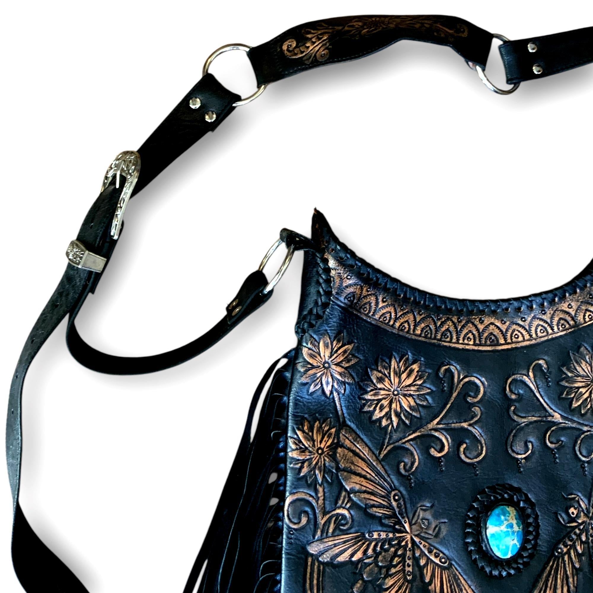 Dragonfly Fringe Festival Bag | Embossed Boho Crossbody with Turquoise Gem