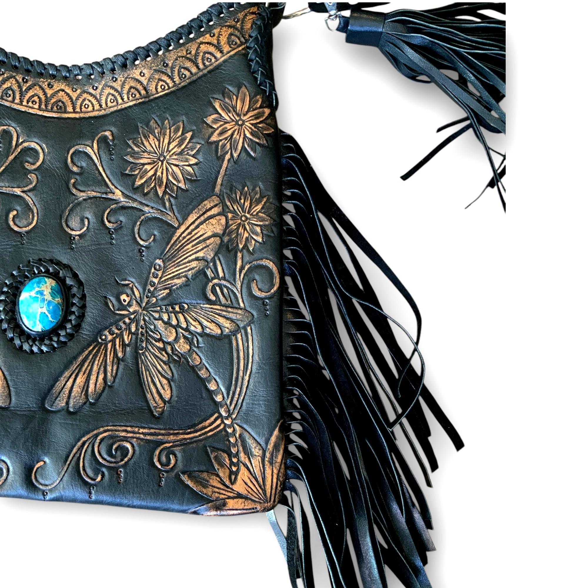Dragonfly Fringe Festival Bag | Embossed Boho Crossbody with Turquoise Gem
