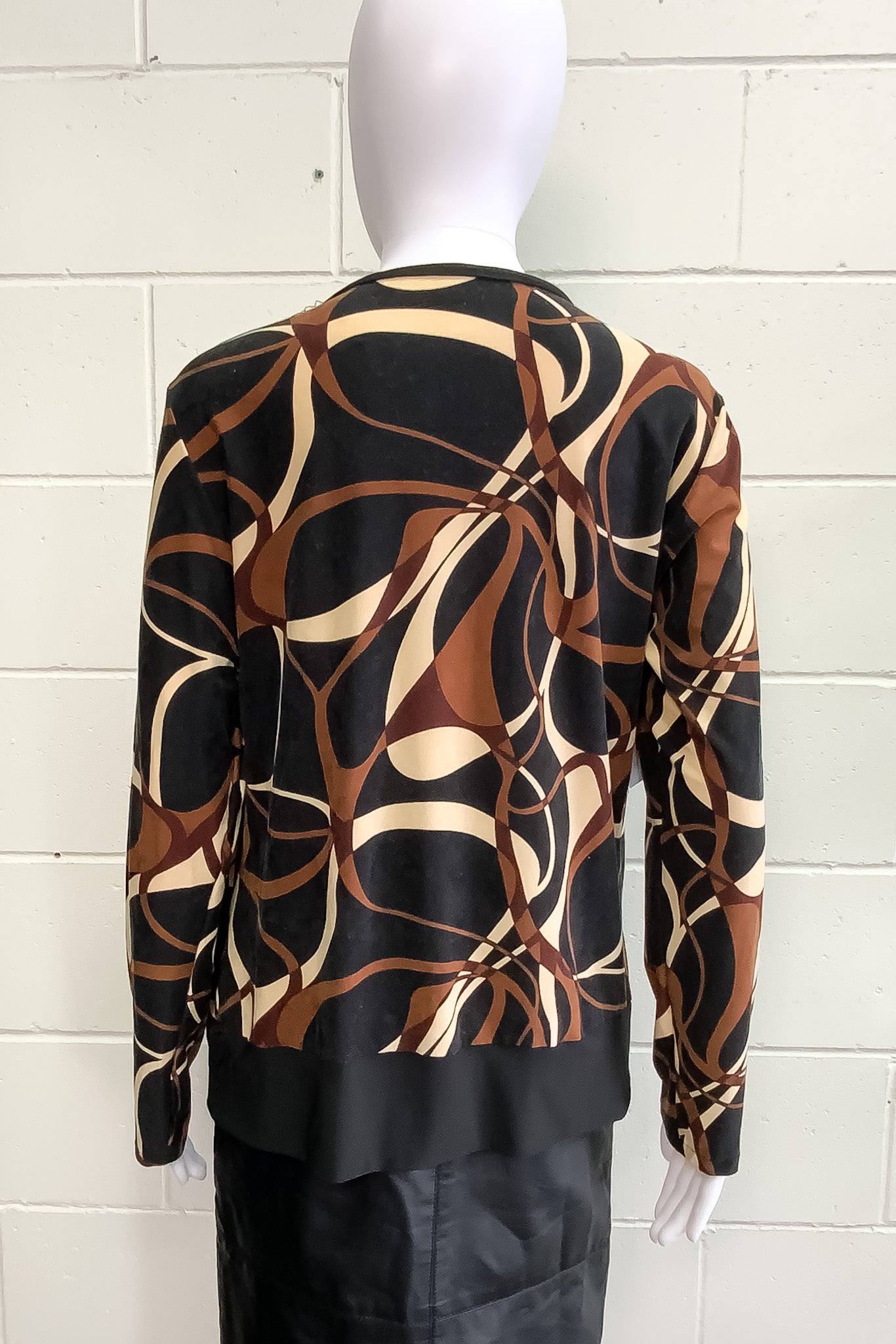 Vintage Retro Designer Black Brown Abstract Long Sleeve Top - Size M