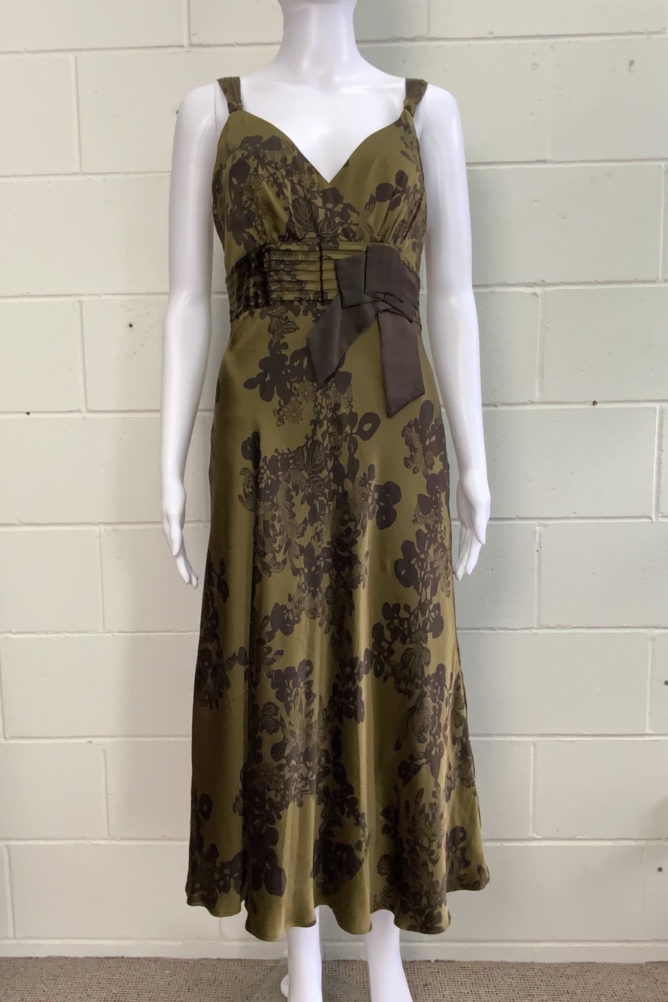 MONSOON Olive Green Satin Bias Cut Floral Print Formal Dress - Size 10