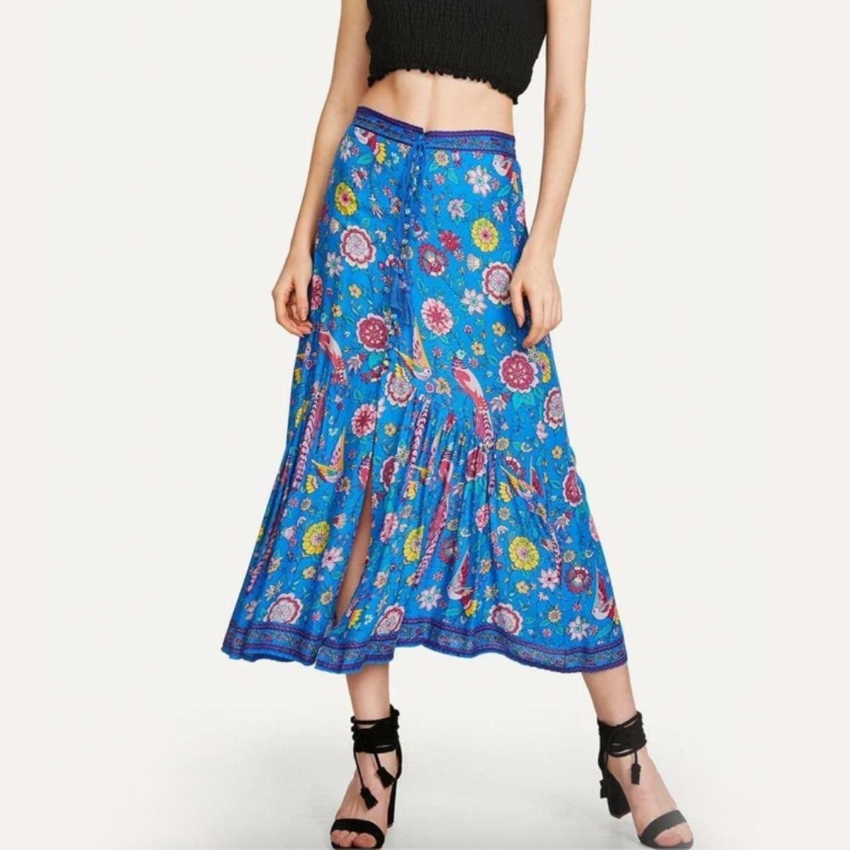 NEW - Blue Floral Pattern Tassel Tie Button Front Tiered Maxi Skirt - Size 6