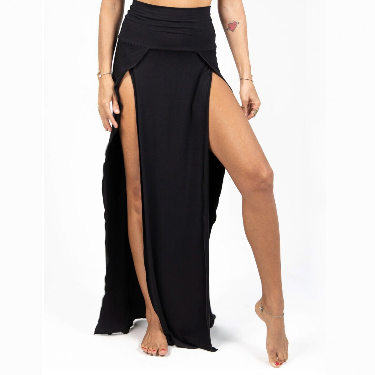 Ladies Double Thigh Split Goddess Festival Maxi Skirt - Black - Free Size