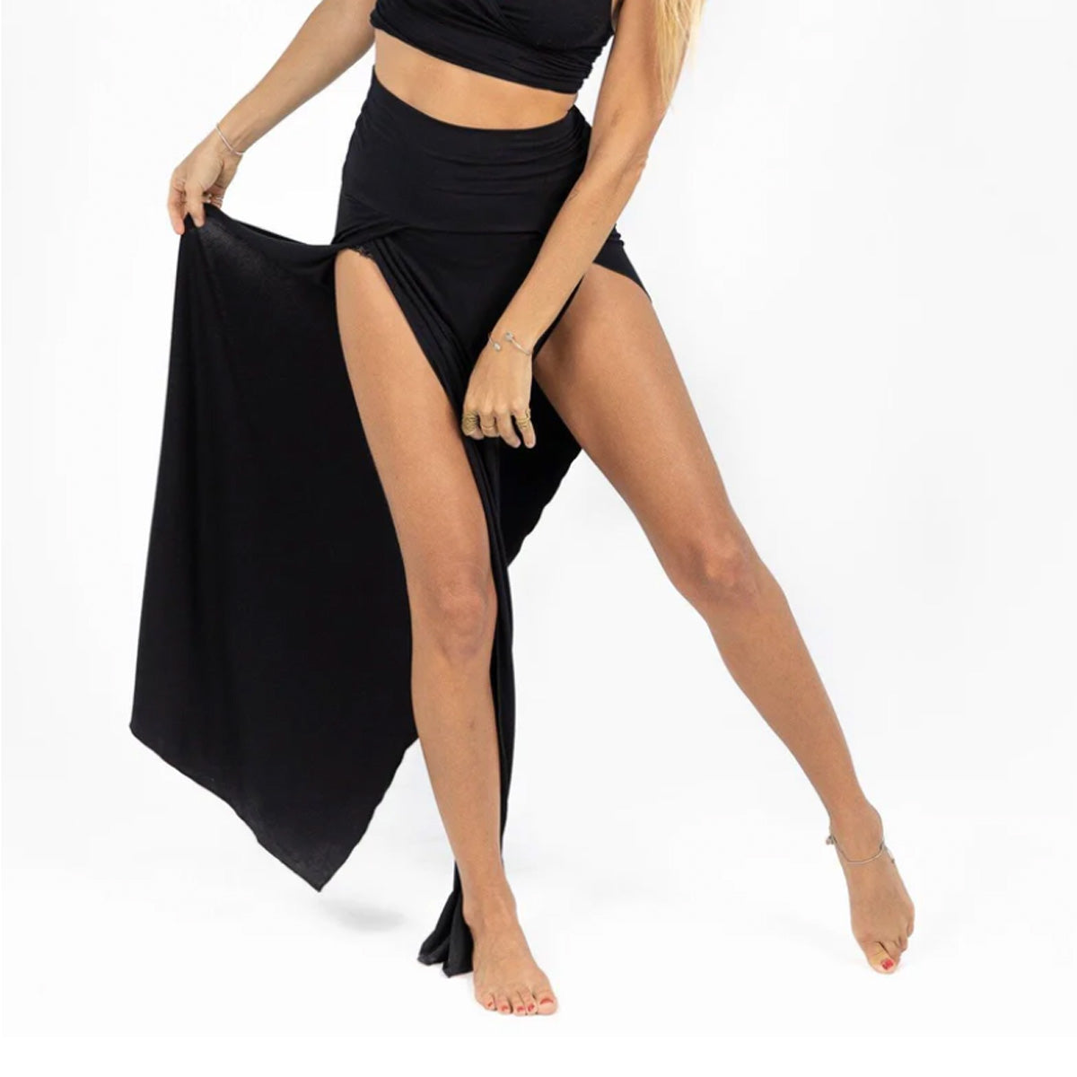 Ladies Double Thigh Split Goddess Festival Maxi Skirt - Black - Free Size