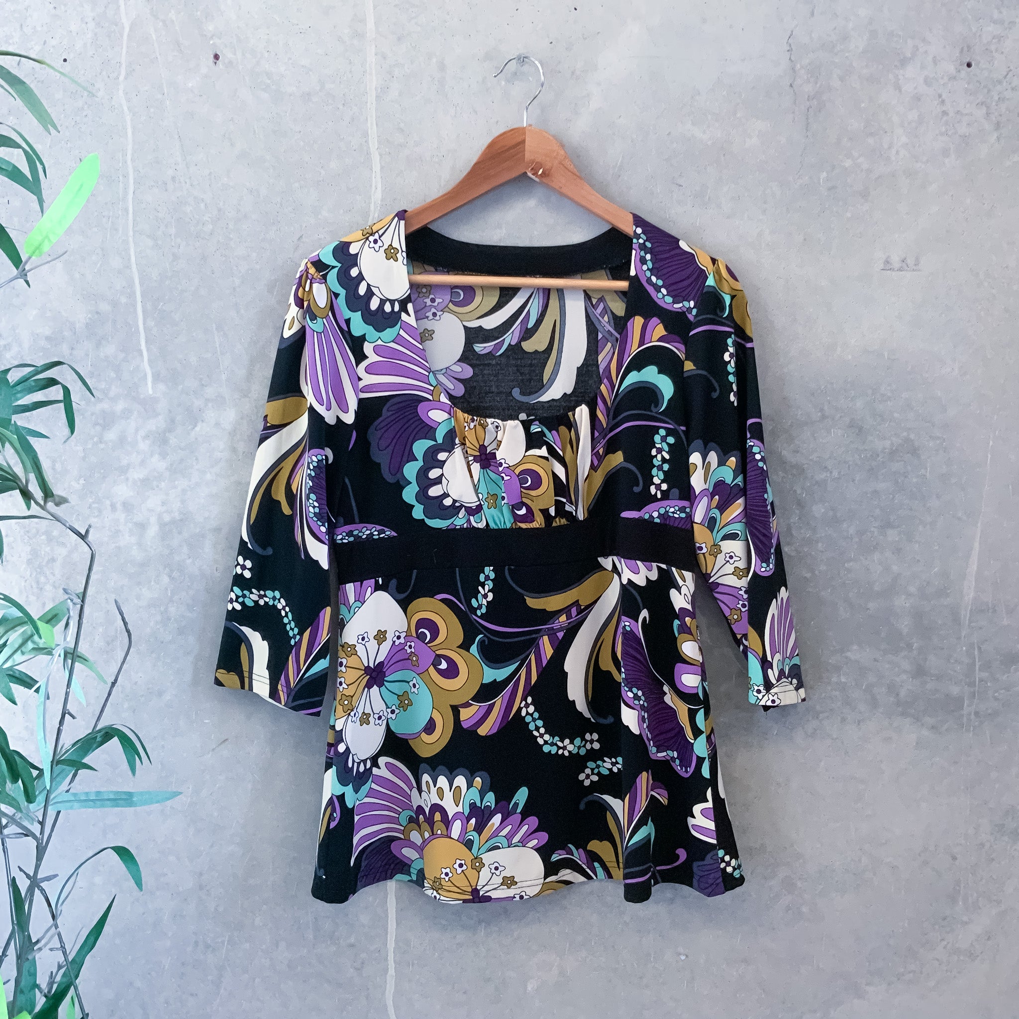60's Vibe Ladies Black Purple Floral Abstract Print Tunic Blouse - size L