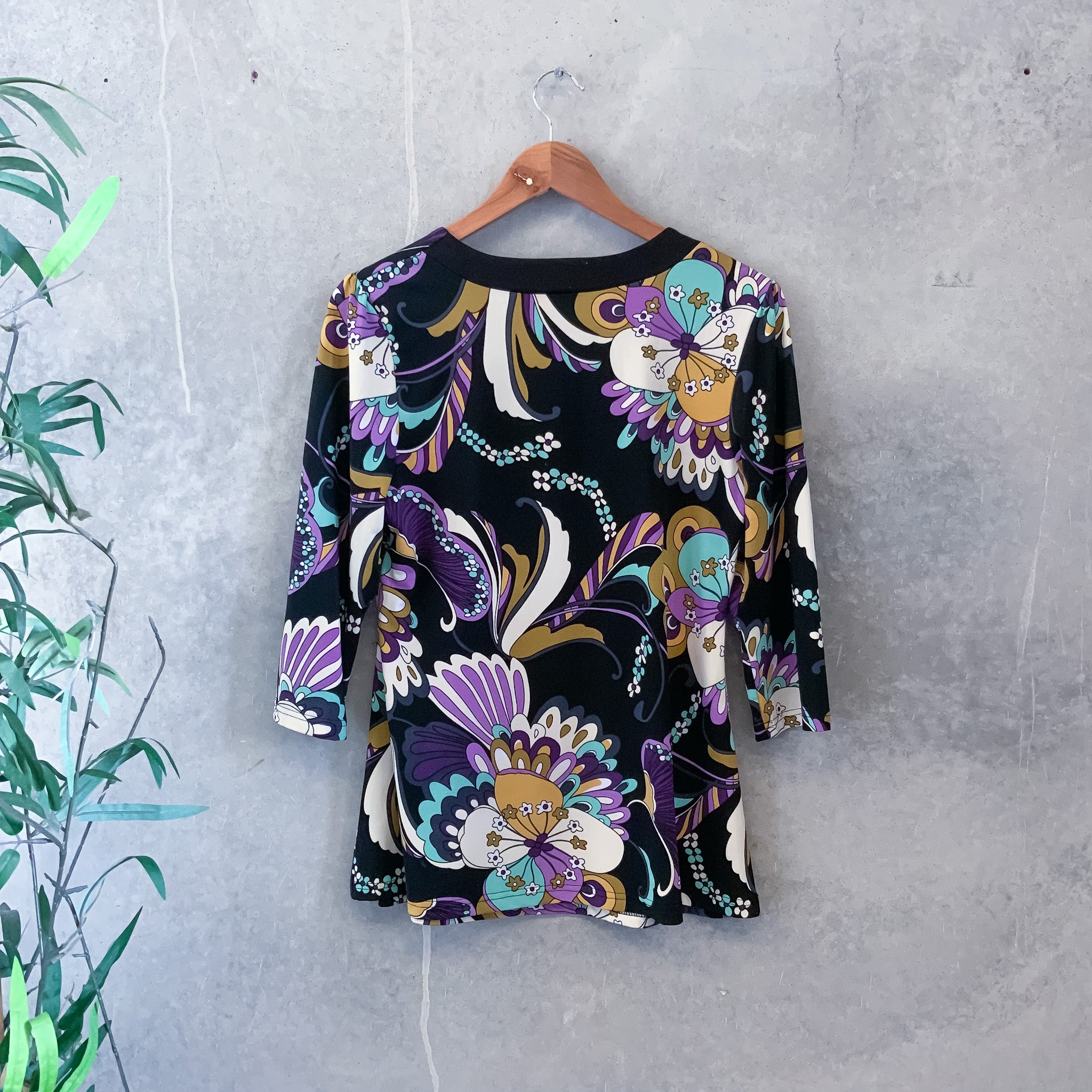 60's Vibe Ladies Black Purple Floral Abstract Print Tunic Blouse - size L
