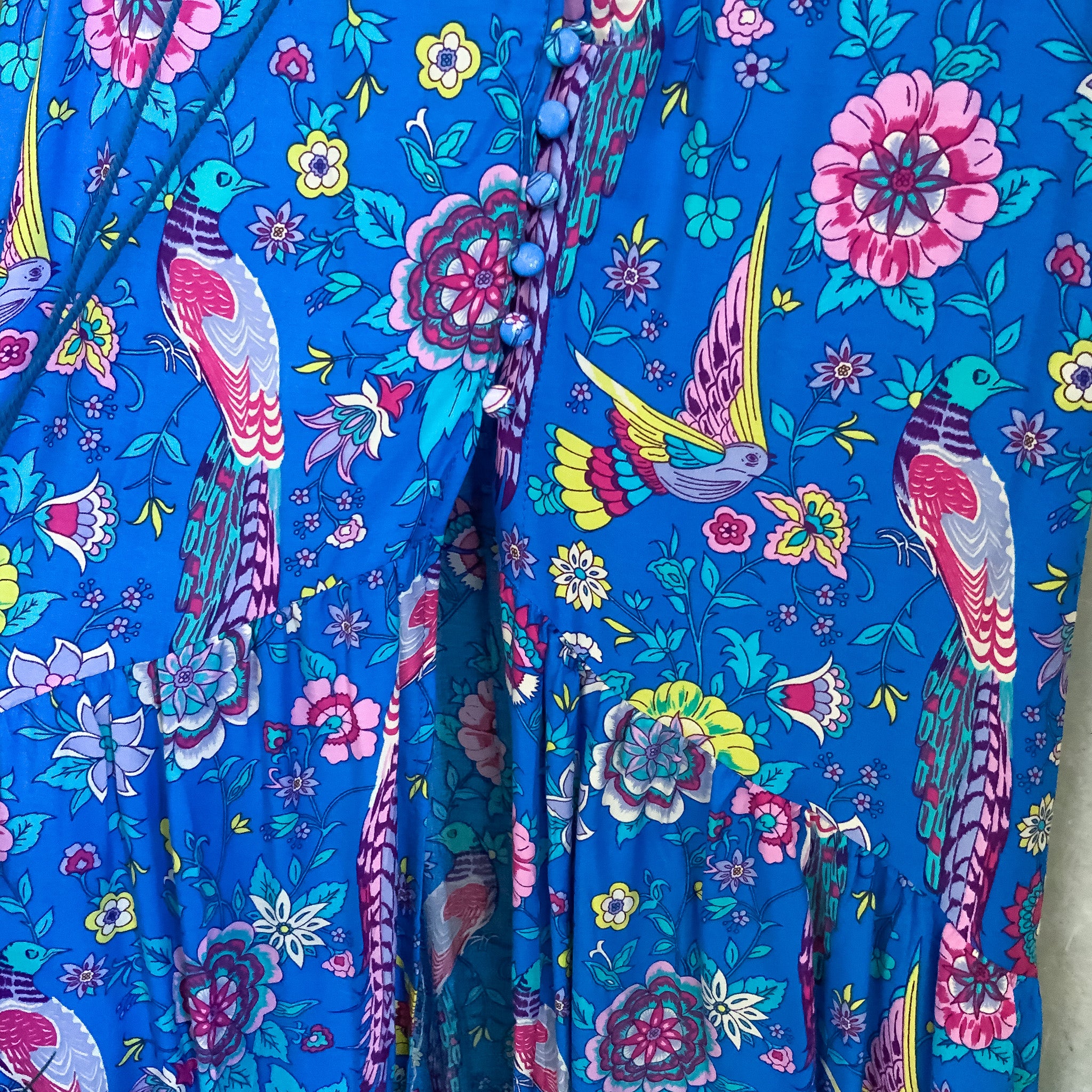 NEW - Blue Floral Pattern Tassel Tie Button Front Tiered Maxi Skirt - Size 8