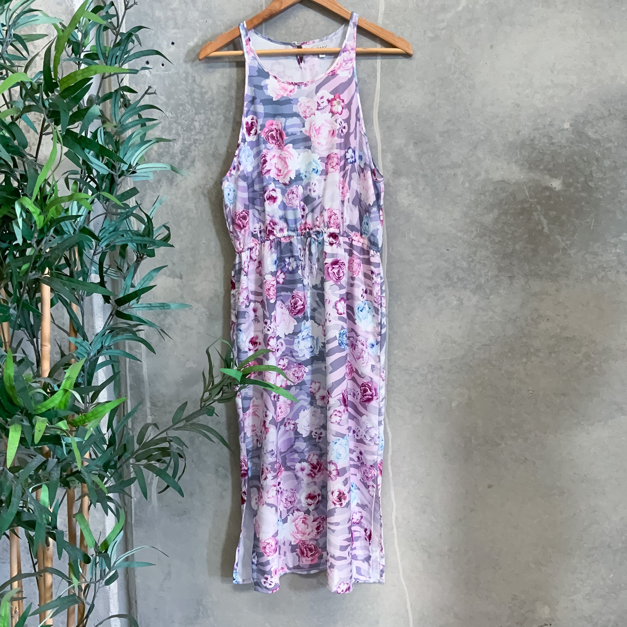 MAY Purple Floral Print Elasticized Waist Summer Midi Dress - Size 10