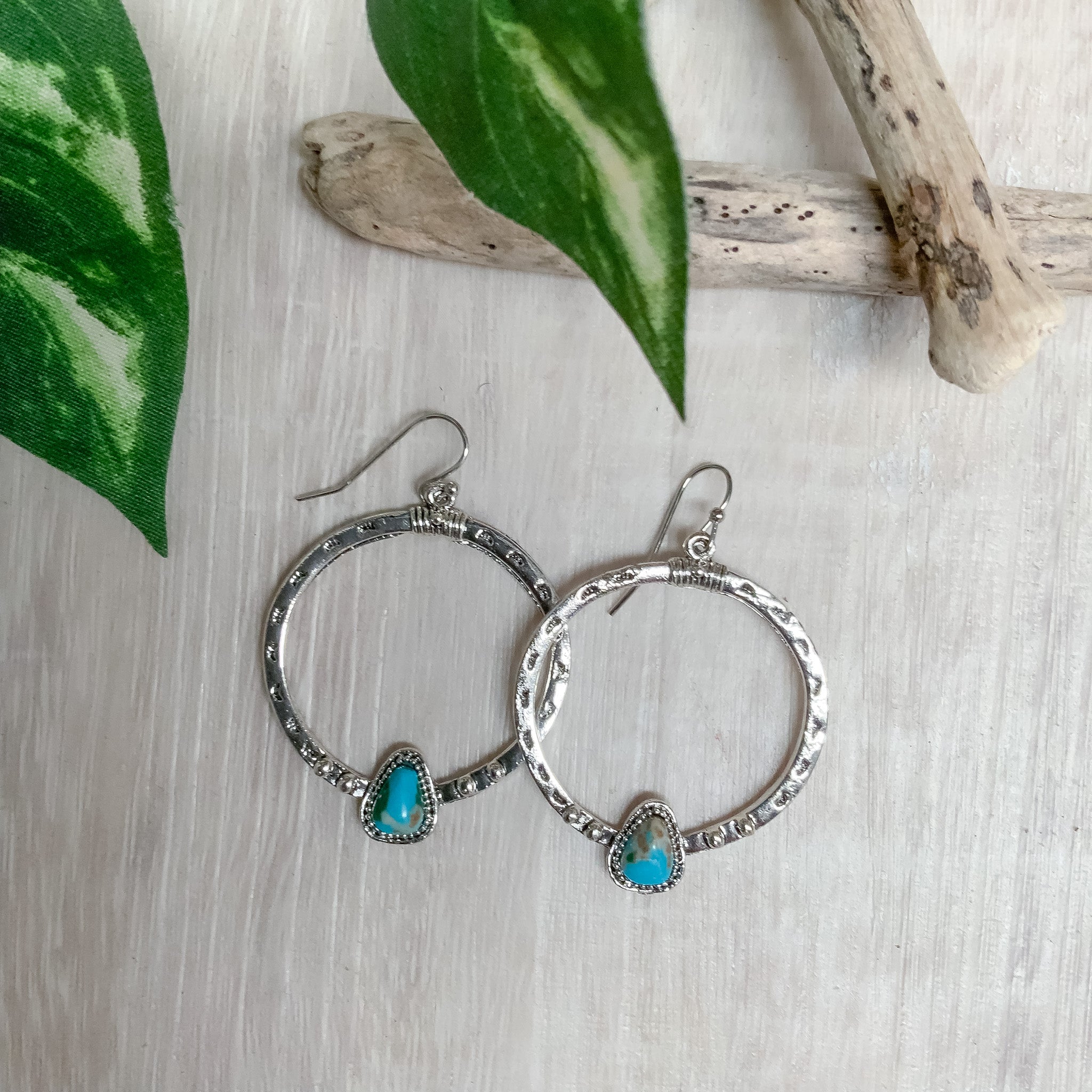 Antique Silver/Turquoise Bohemian Style Circle Drop Earrings