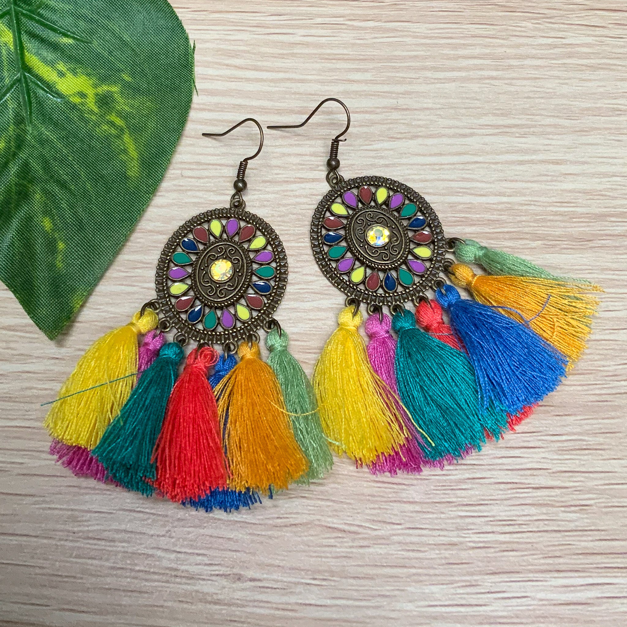 BNWT Boho Bright Coloured Circle Earrings with Rainbow Tassels