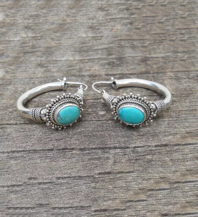 Antique Silver/Turquoise Bohemian Style Huggie Earrings