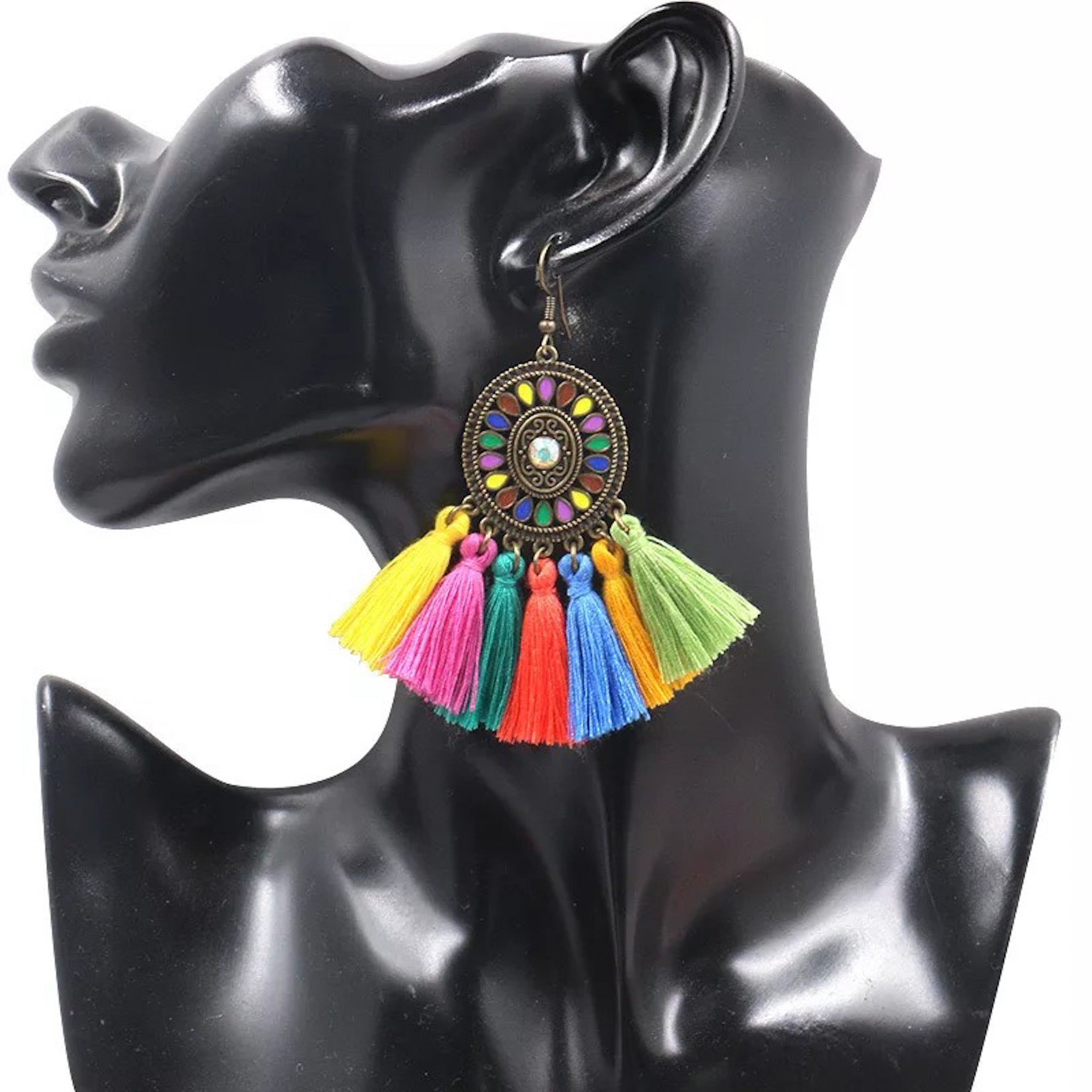 BNWT Boho Bright Coloured Circle Earrings with Rainbow Tassels