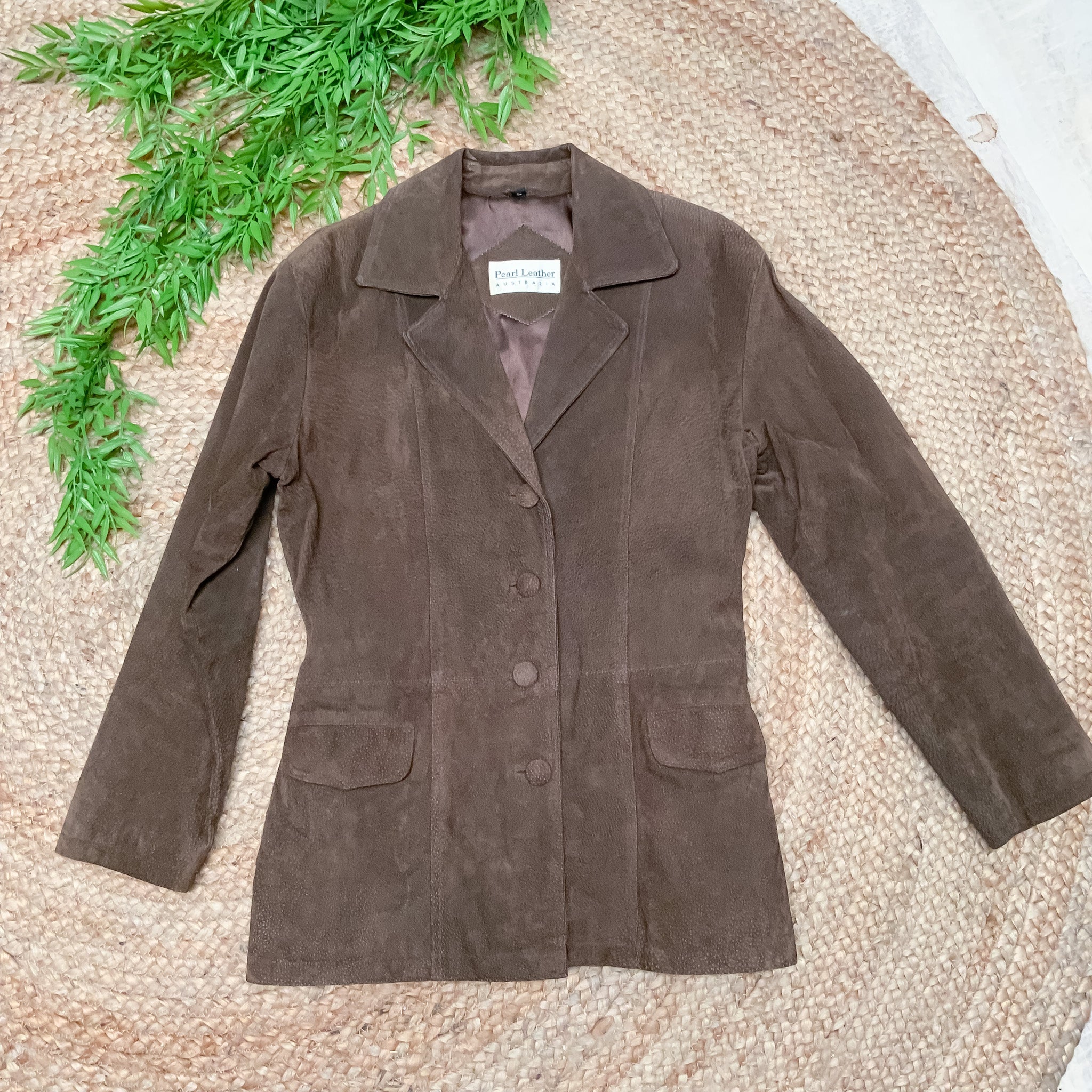 VINTAGE PEARL LEATHER Ladies Brown Leather Coat Jacket - Size 14
