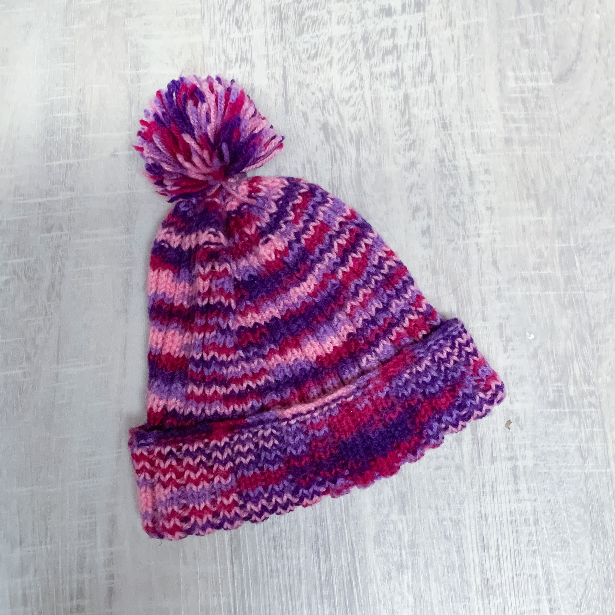 Pink/Purple Knitted Pom Pom Beanie - One Size