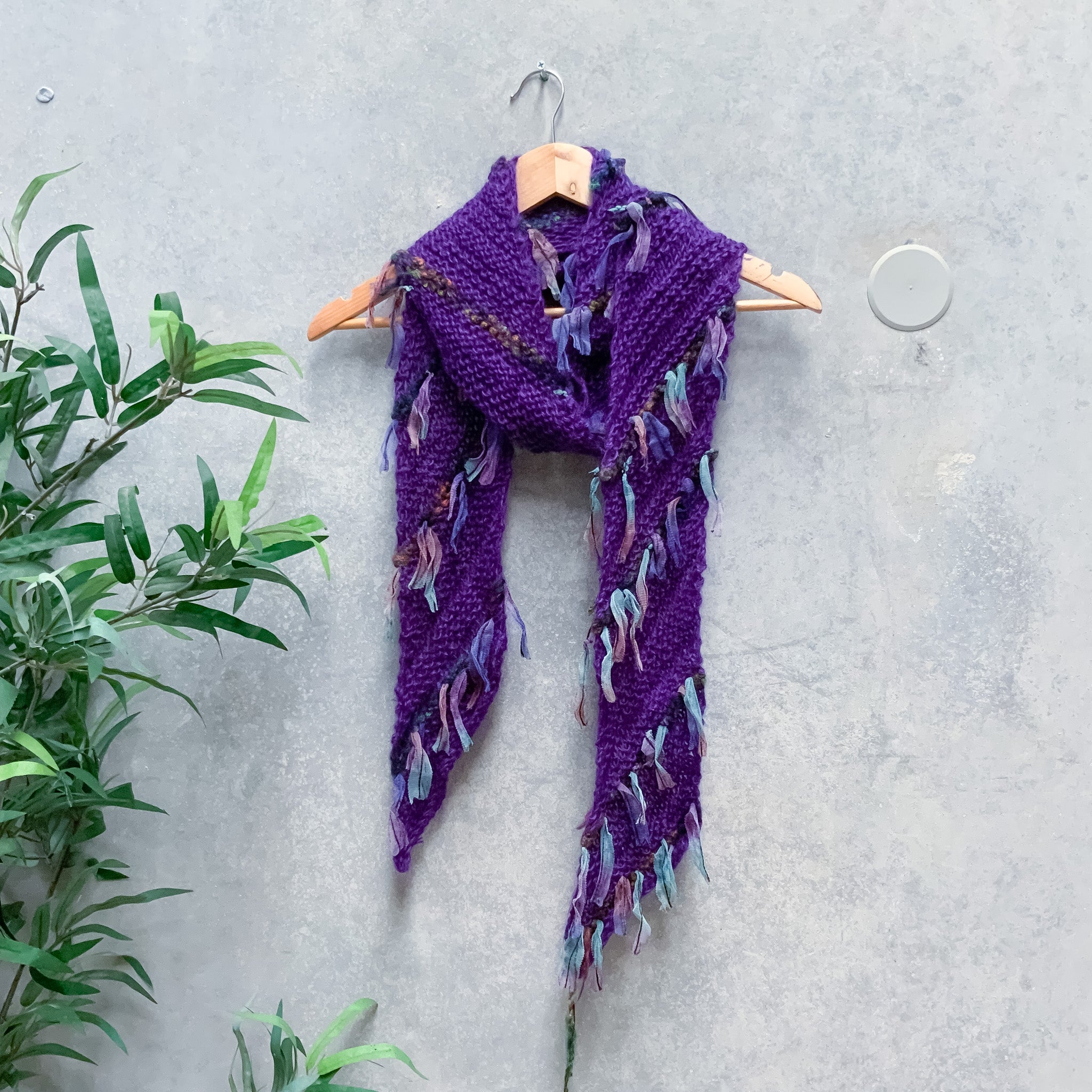 Hand Knitted Purple Wool Tasseled Scarf