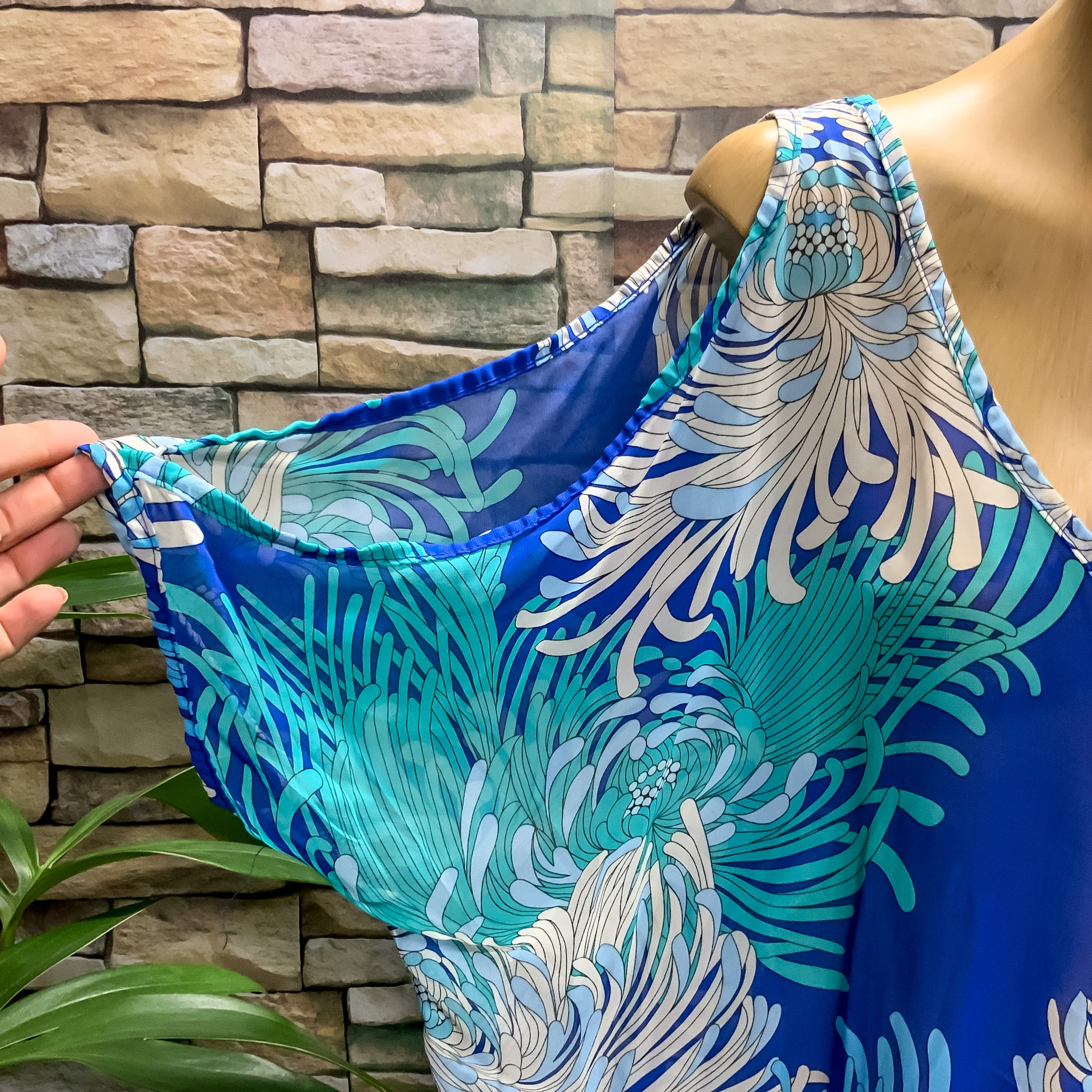FILO Cold Shoulder Tropical Print Blue Kaftan Dress - Size 12