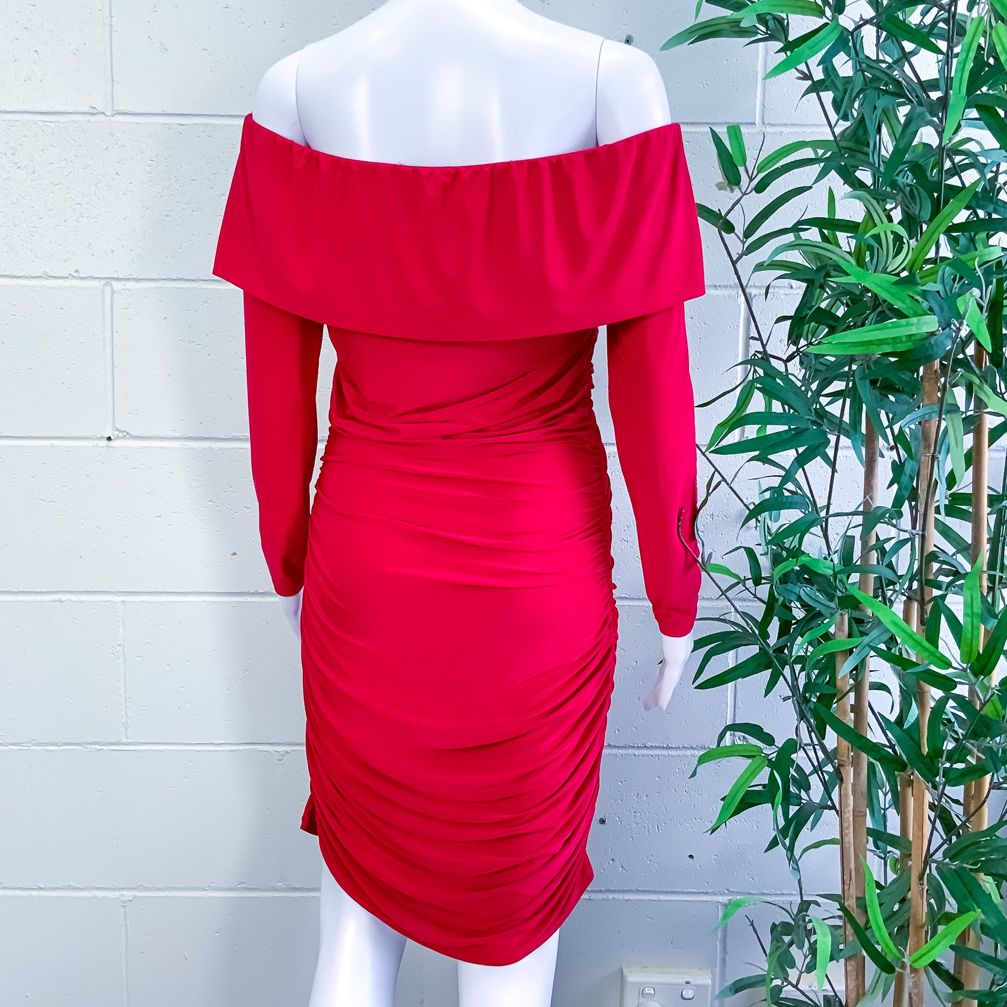 PRETTY LITTLE THING Red Long Sleeved Off Shoulder Ruched Casual Dress - Size 14