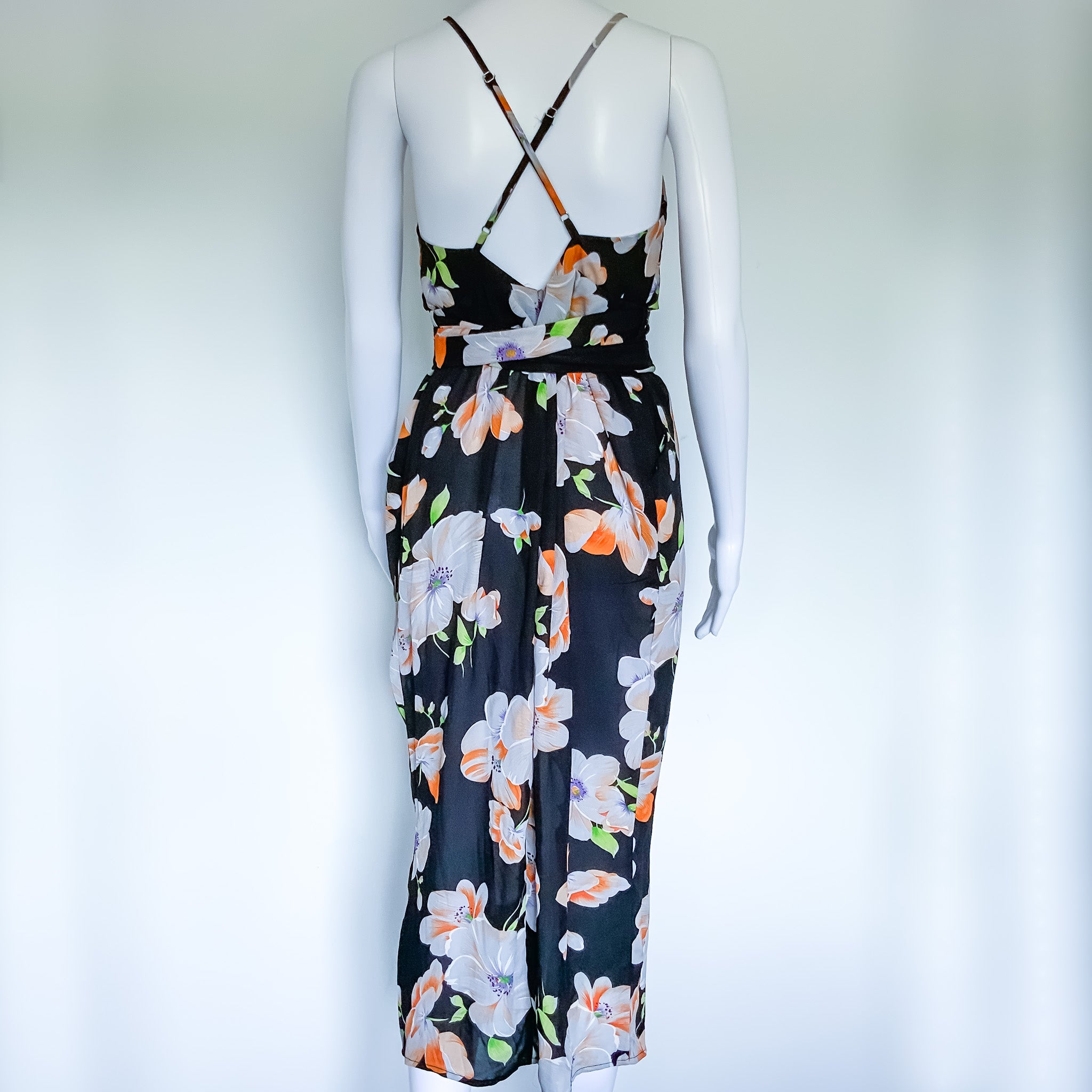 BNWT WHITE CLOSET Black Floral Print Wrap Self Tie Boho Dress - Size 12