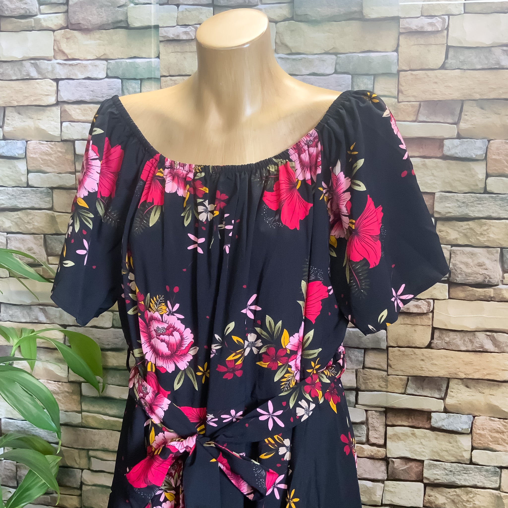 Stunning Off Shoulder Floral Midi Dress with Asymmetric Hemline - Size 3XL