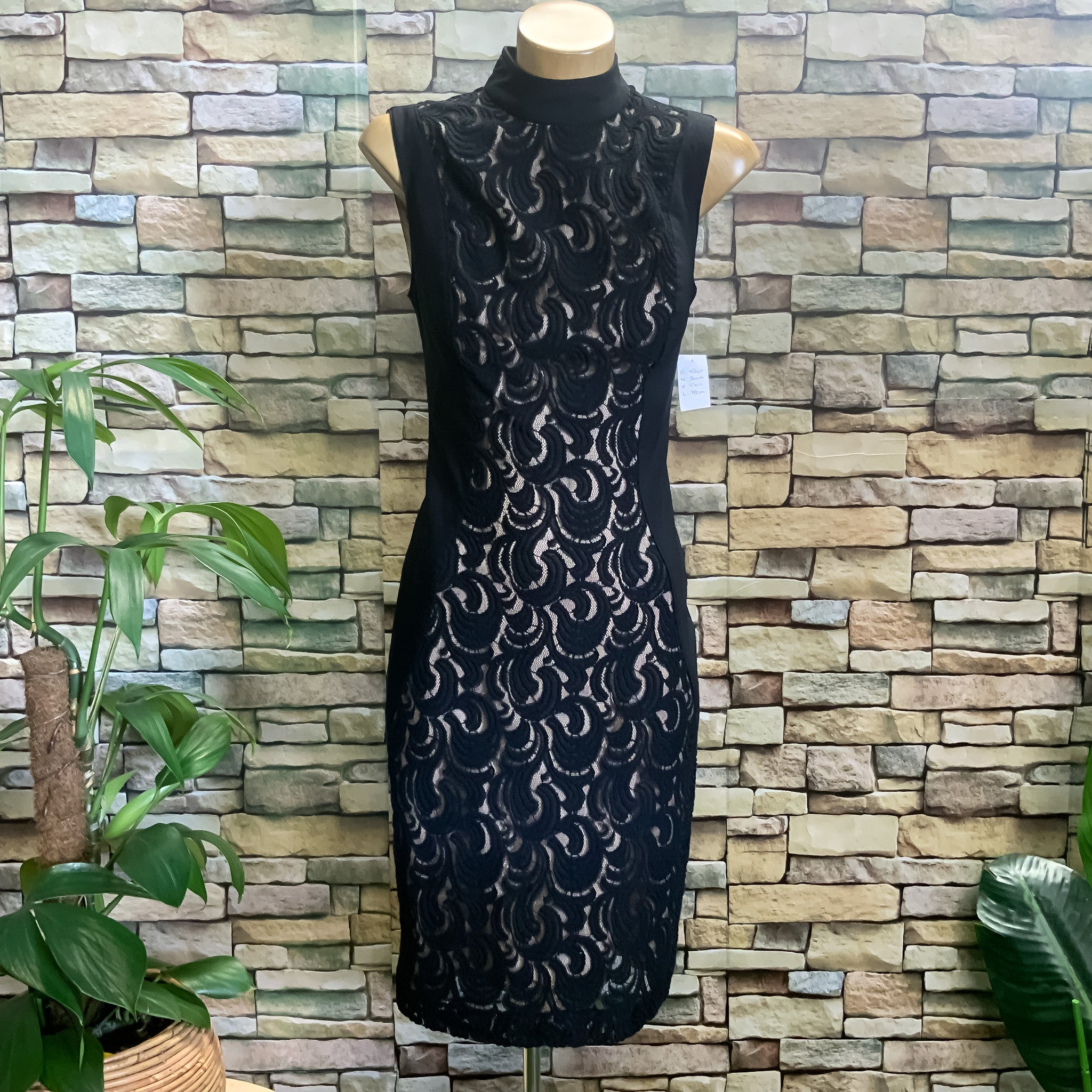 EVENTS Collection High Neck Pencil Dress with Black Lace Overlay - Size 6