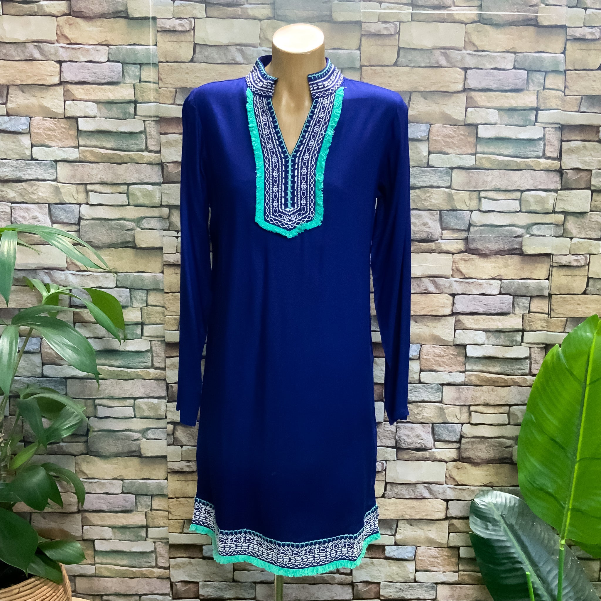 BNWT BOOM SHANKAR Long Sleeve Blue Embroidered Tunic Dress - Size 10
