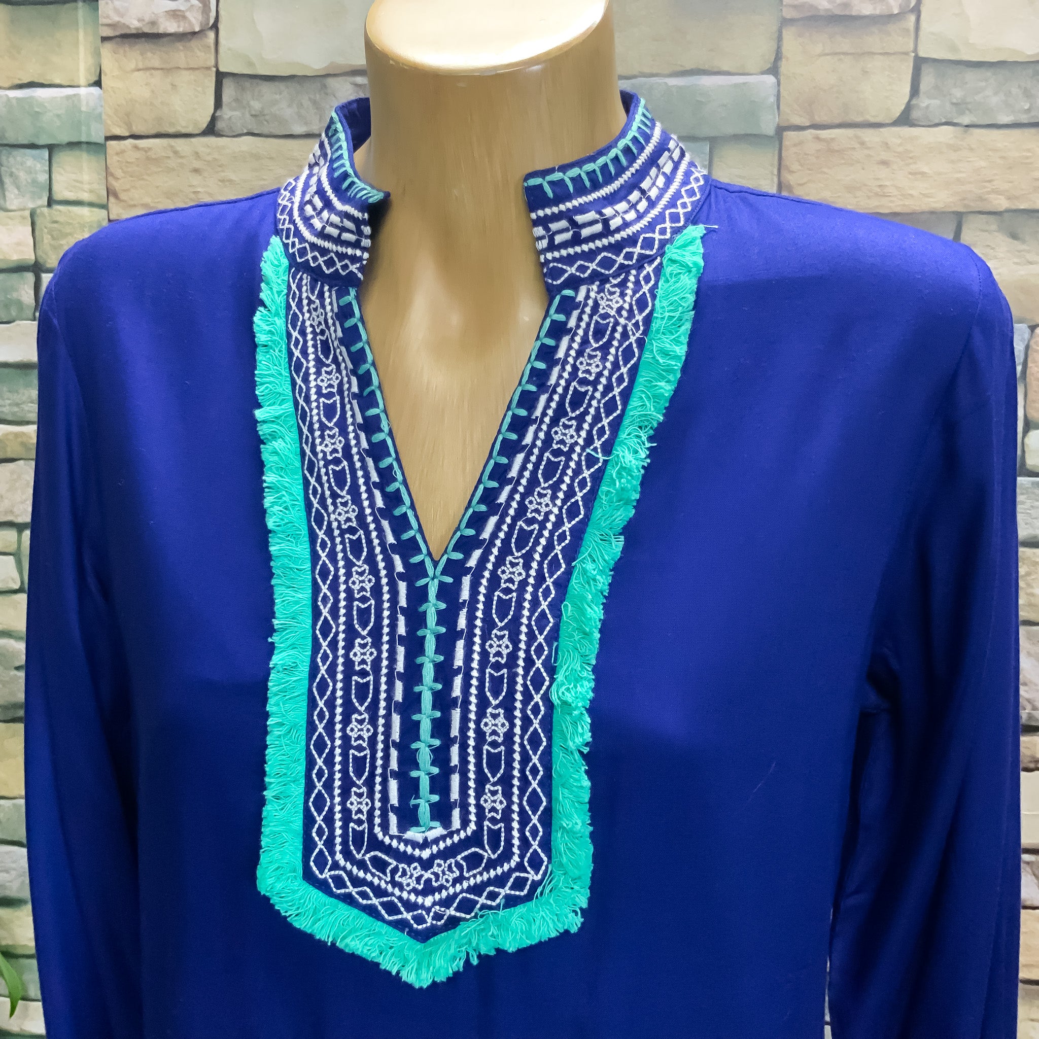BNWT BOOM SHANKAR Long Sleeve Blue Embroidered Tunic Dress - Size 10