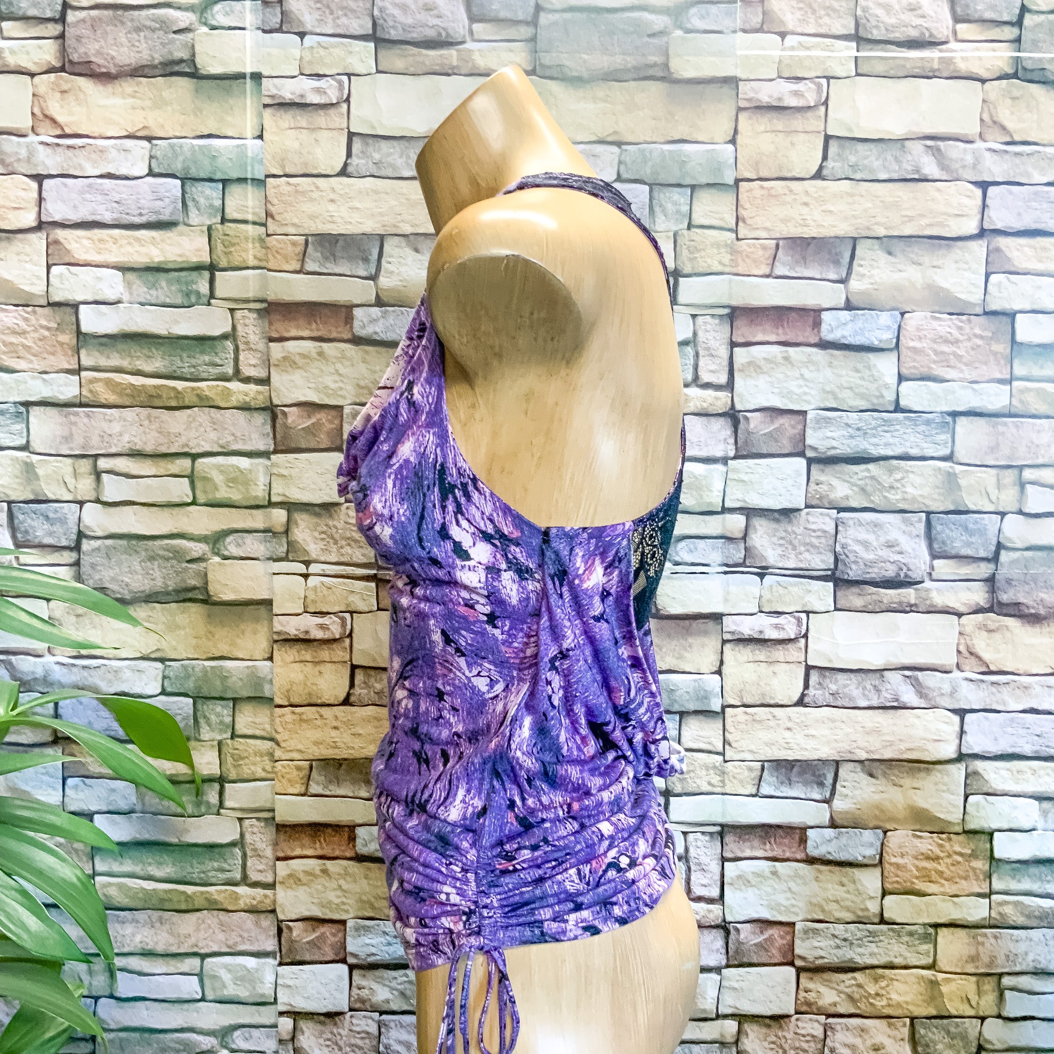 GUESS 90’s Cowl Neck Purple Marble Print Lace Back Top - Size XS