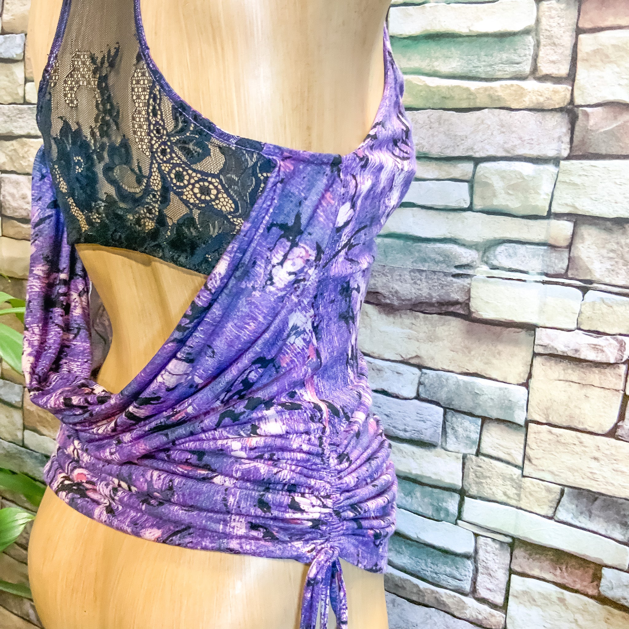 GUESS 90’s Cowl Neck Purple Marble Print Lace Back Top - Size XS