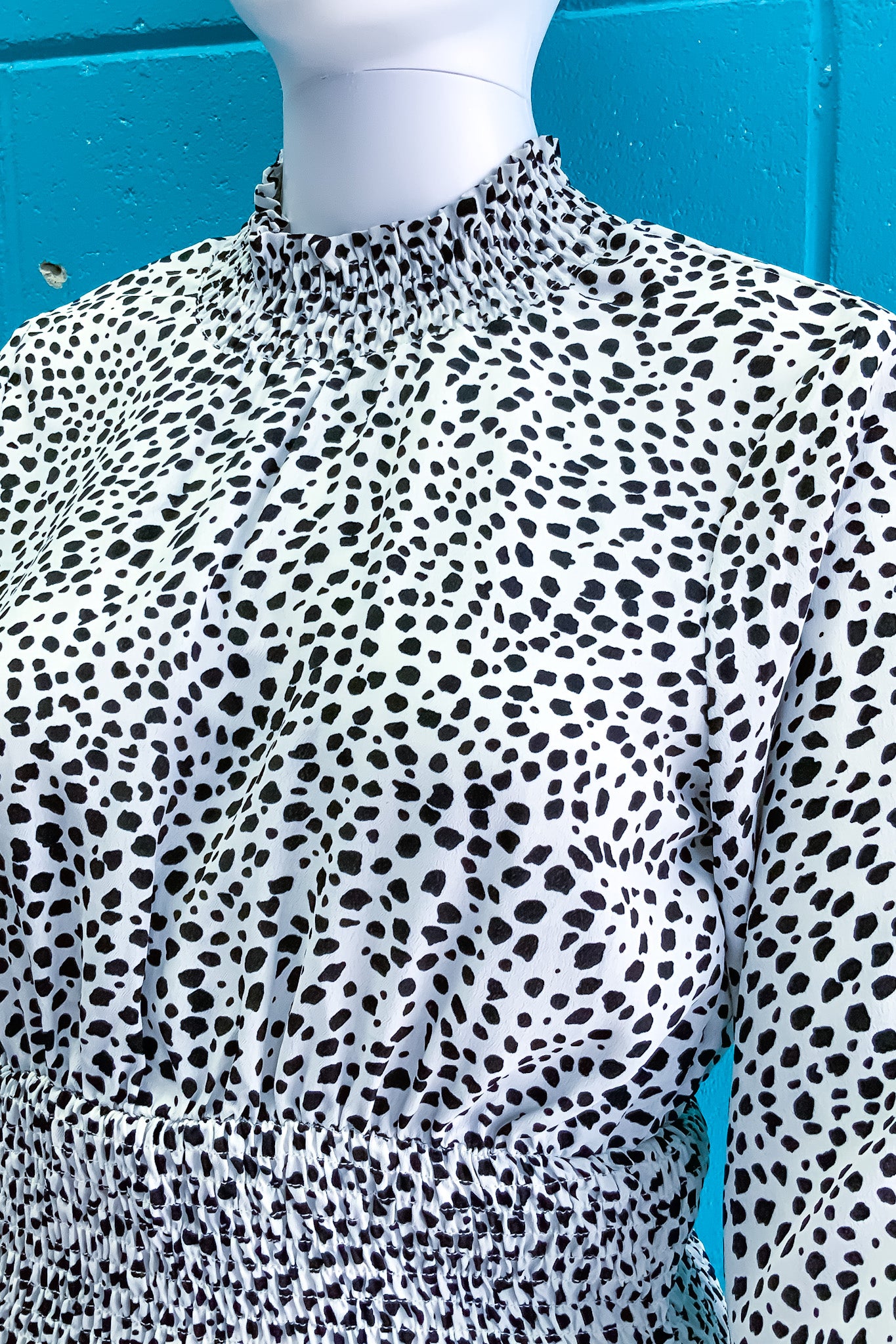 MISSGUIDED Ruched Monochrome Spotty Print High Neck Top - Size 10