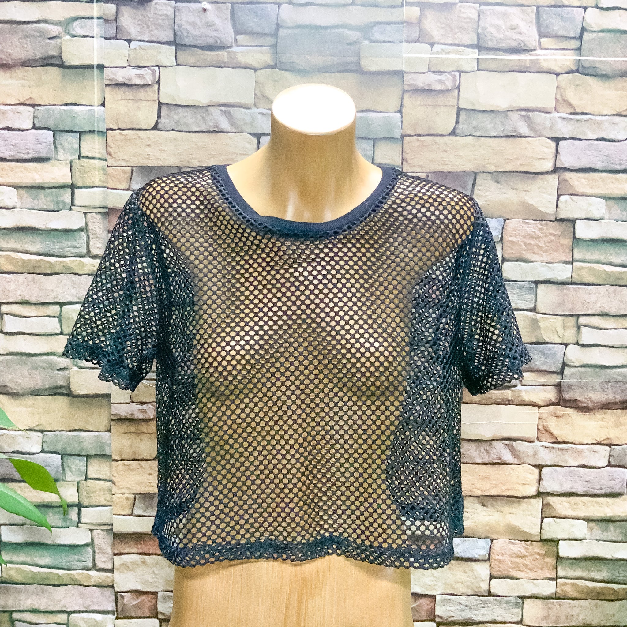 Ladies Cropped Mesh See Through Net Tee - Black Size Small