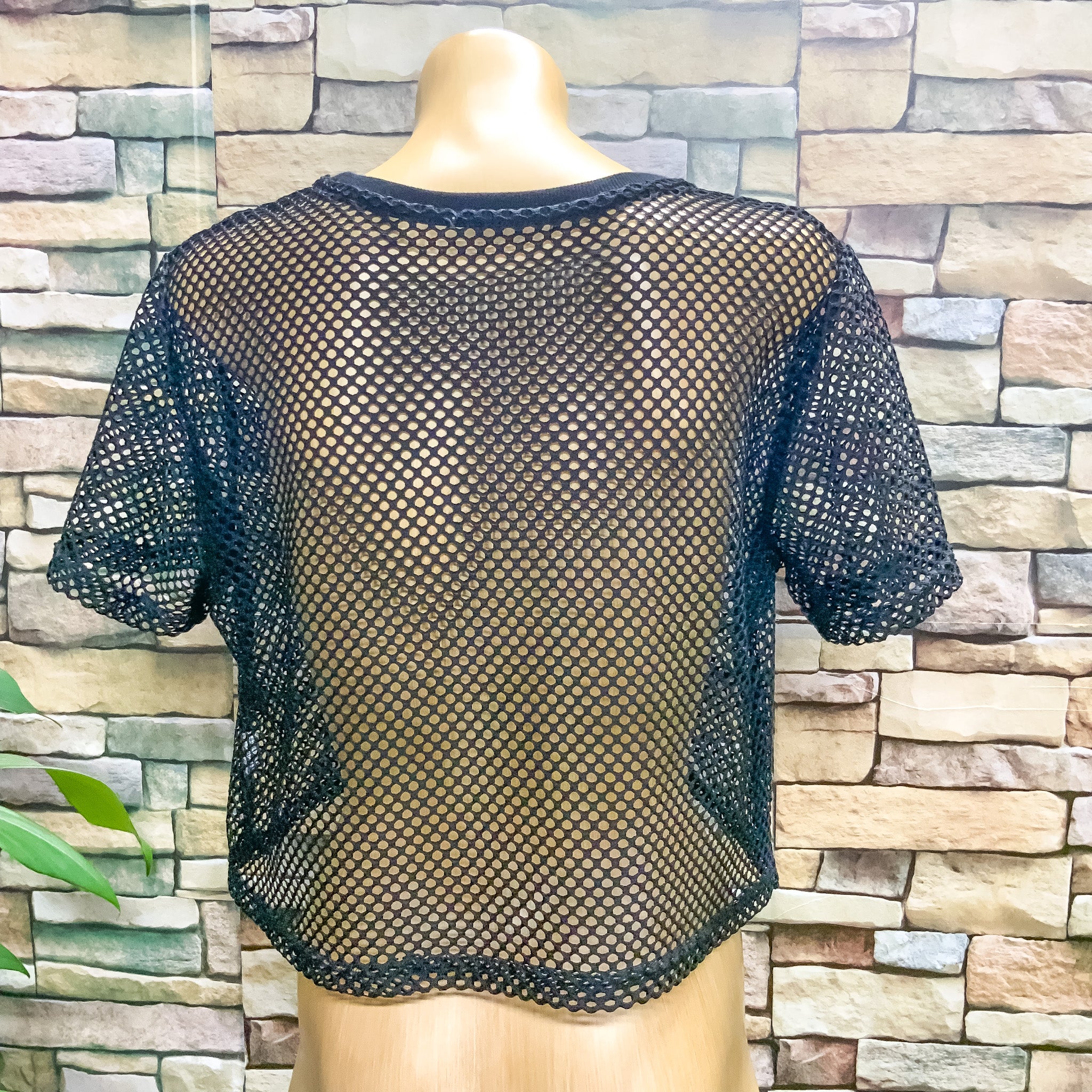 Ladies Cropped Mesh See Through Net Tee - Black Size Small