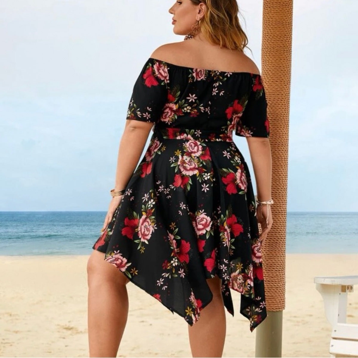 Stunning Off Shoulder Floral Midi Dress with Asymmetric Hemline - Size 3XL