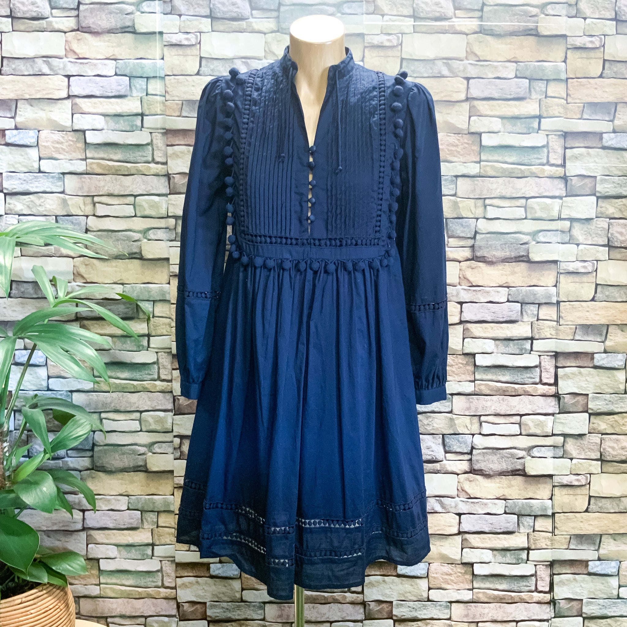 PIPER Navy Blue Cotton Long Sleeve Babydoll Dress with Pom Pom Detail - Size 6