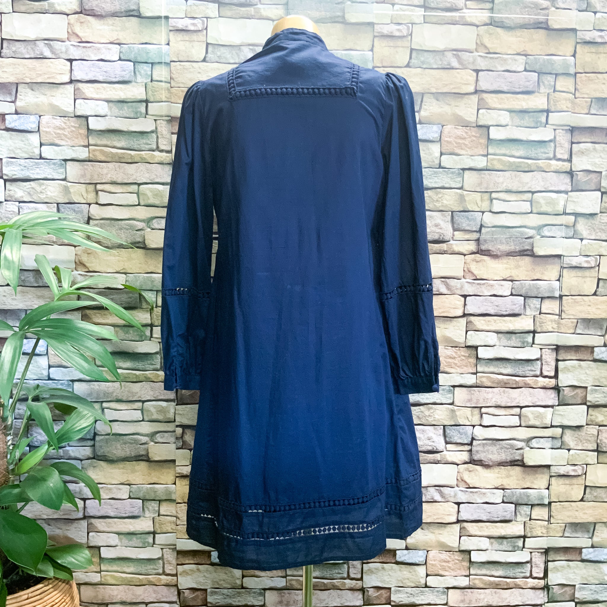 PIPER Navy Blue Cotton Long Sleeve Babydoll Dress with Pom Pom Detail - Size 6