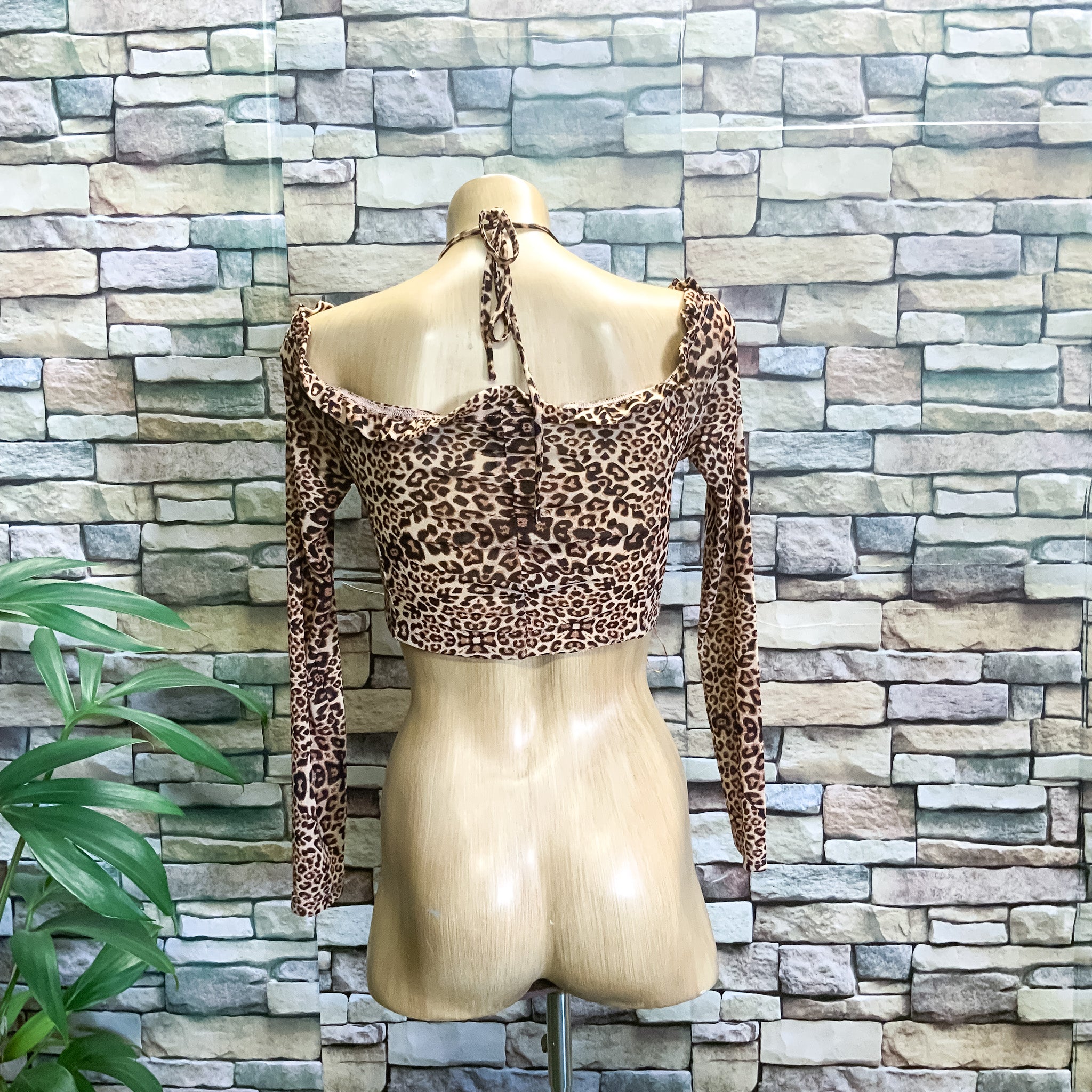 LUCK & TROUBLE Mesh Long Sleeve Brown Leopard Print Crop Top - Size 10/12