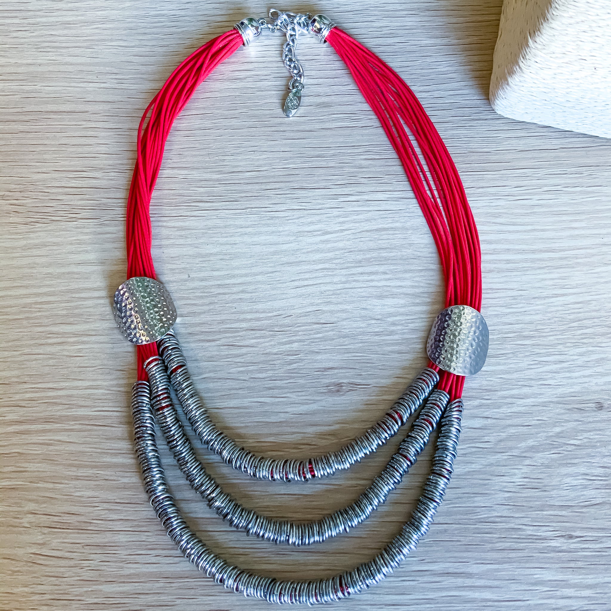 Ladies Red Leather and Silver Multi Strand Fashion Necklace - Pre Loved