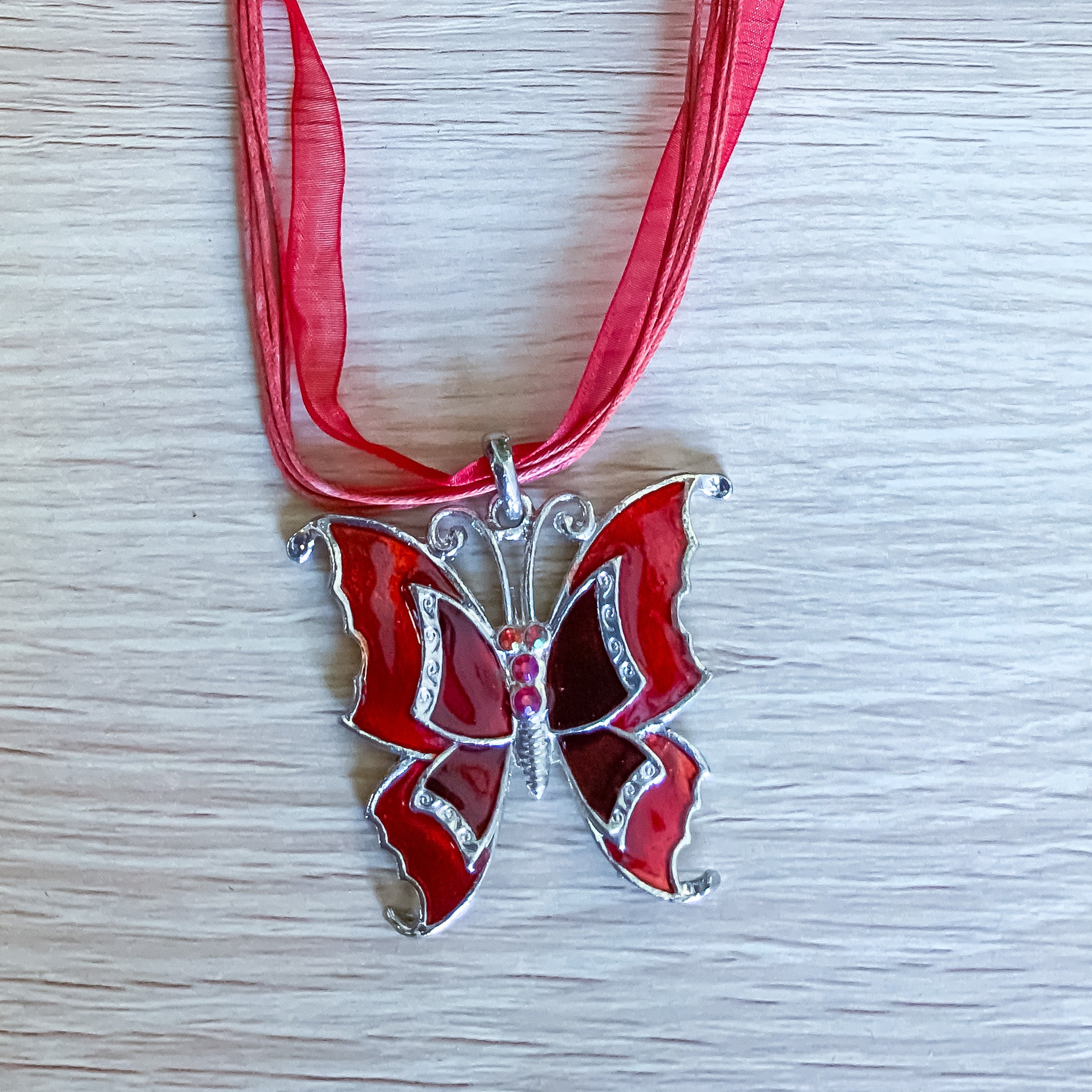 Red Ribbon Gypsy Butterfly Charm Fashion Necklace - Pre Loved
