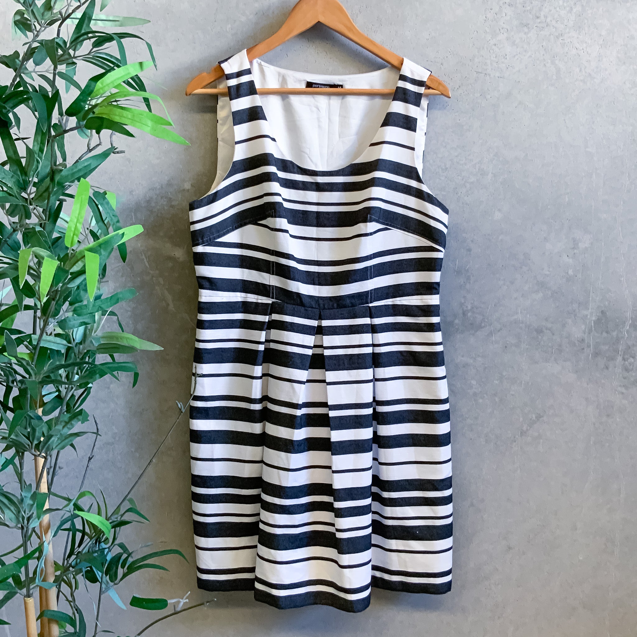 PORTMANS Black & White Striped Pleated Fit & Flare Work/Party Dress - Size 14