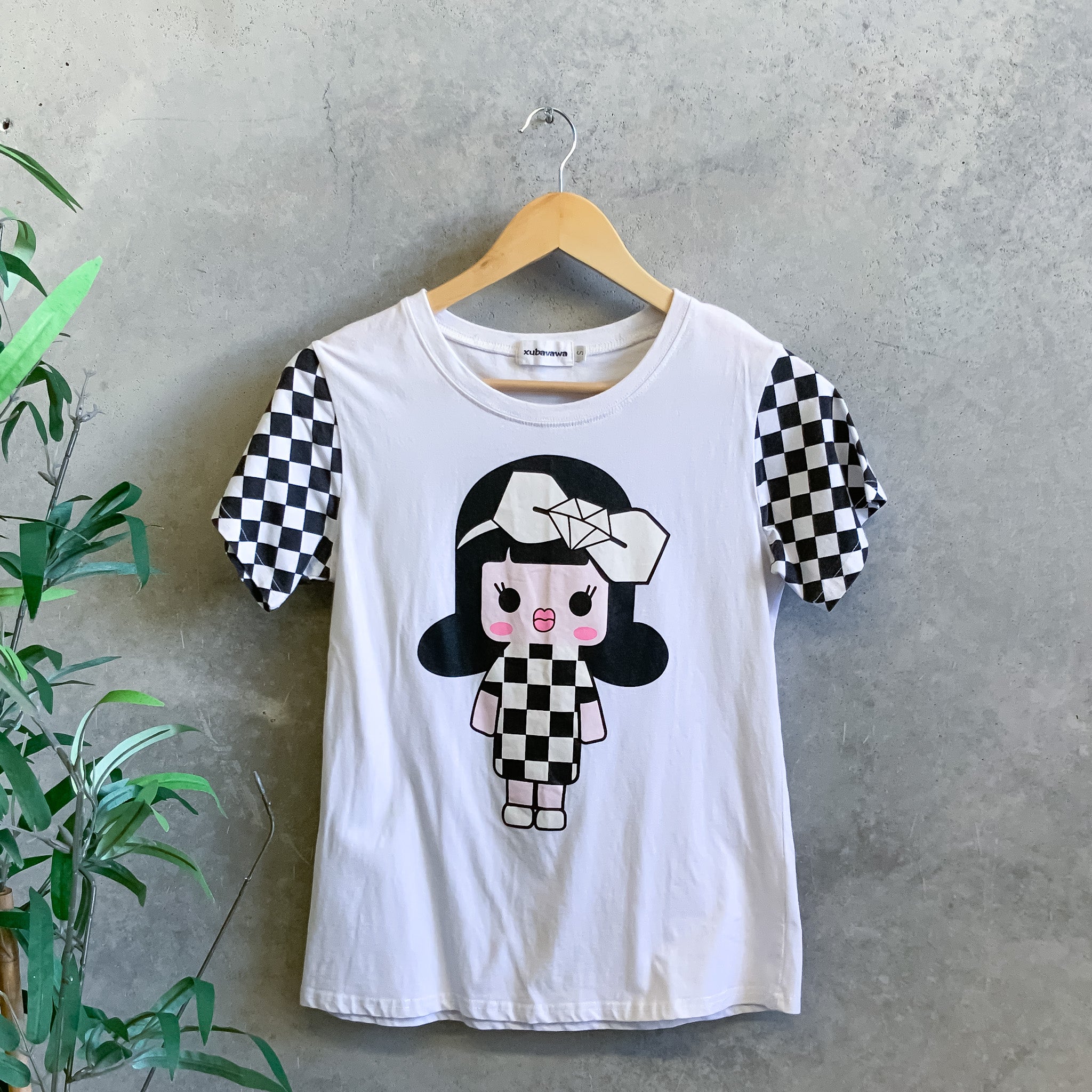 XUBAWAWA White Chic Little Girl Print Checkered Sleeves T Shirt - Size S