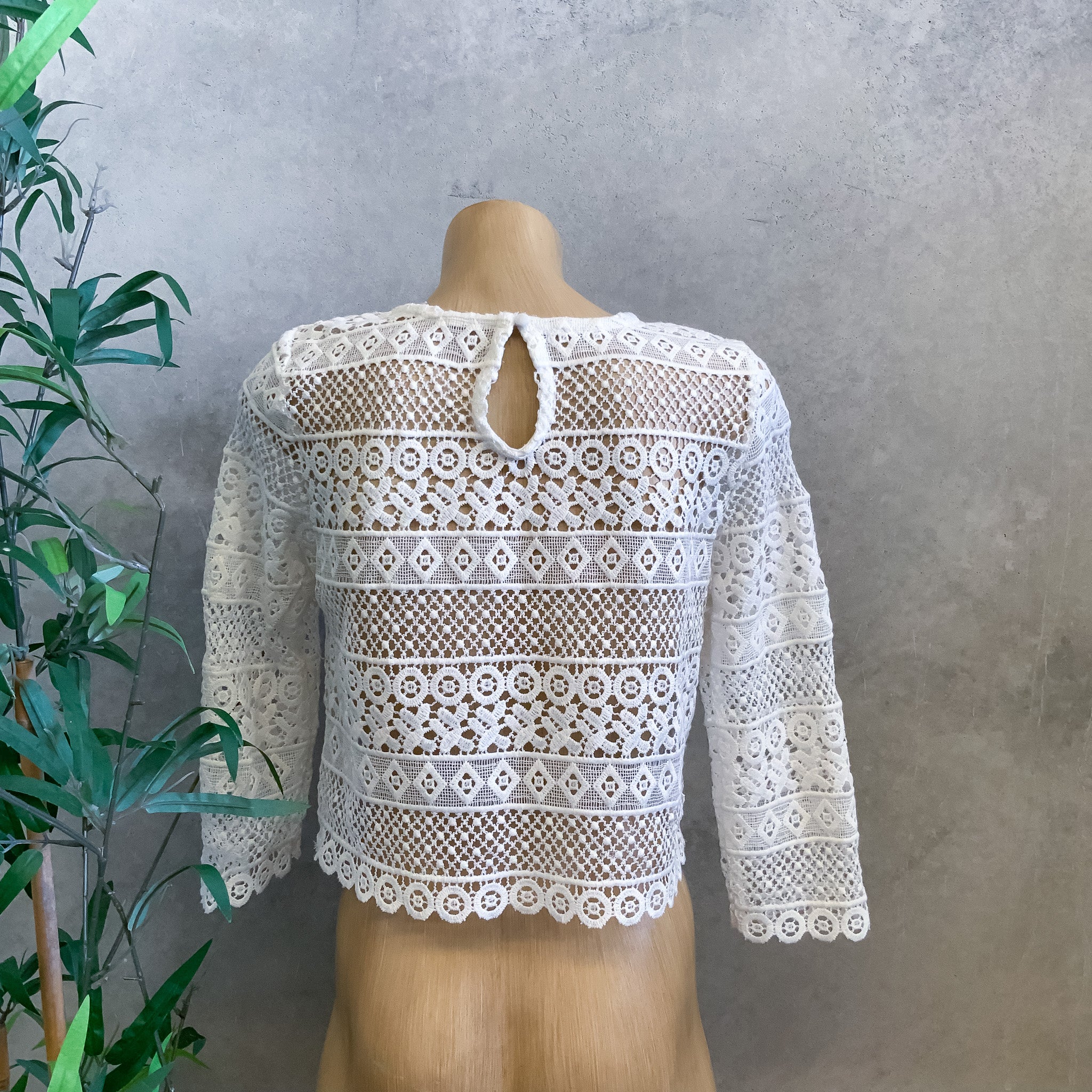Womens White Lace 3/4 Sleeve Lace Open Weave Crop Top - Size 10