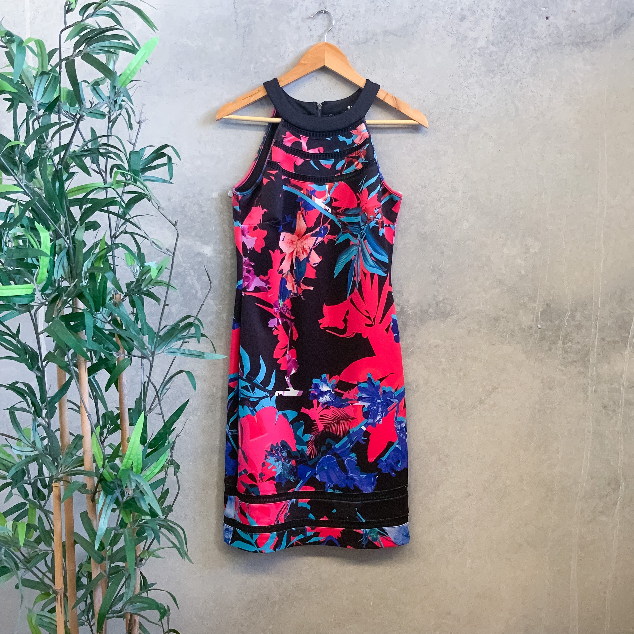 TABLE EIGHT Black Red Blue Floral Print Sleeveless Knee Length A-Line Dress - Size 8