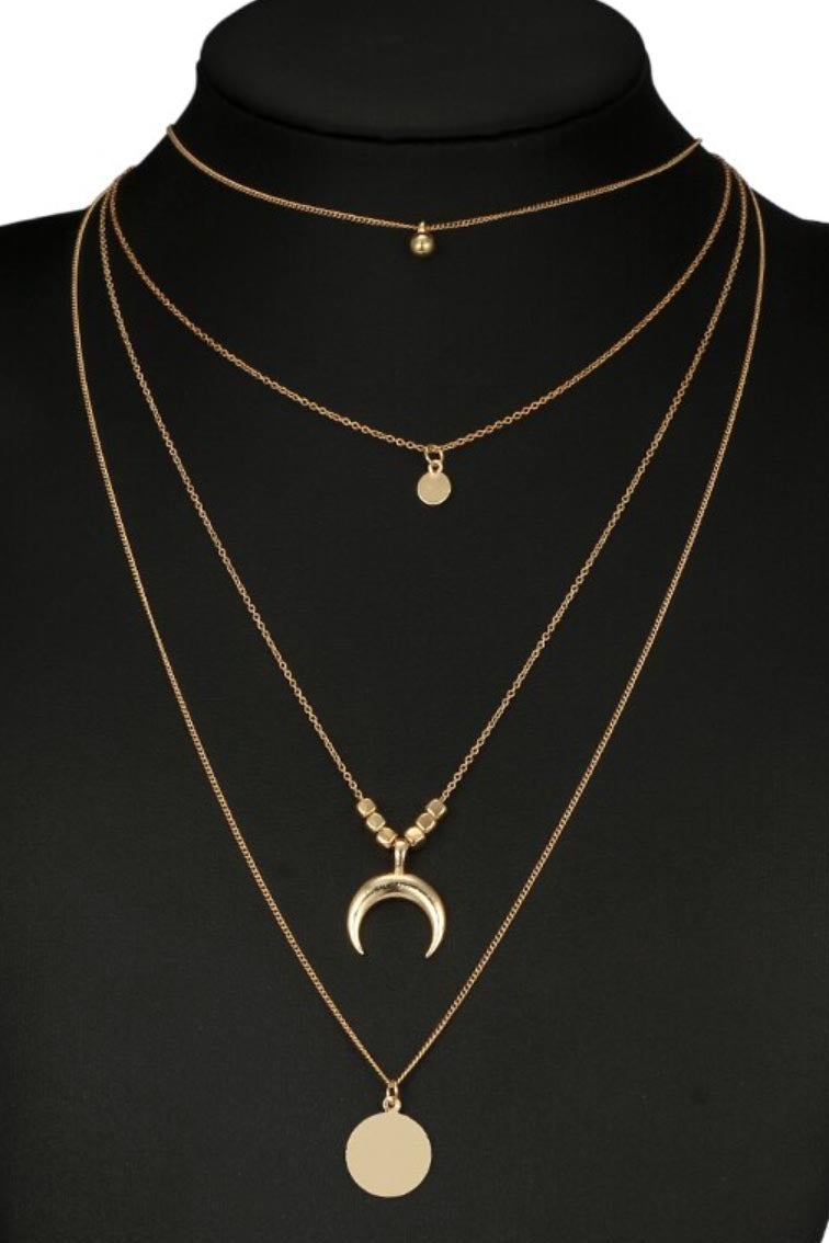 Moon - Ball - Medallion Multi Layered Necklace - Gold