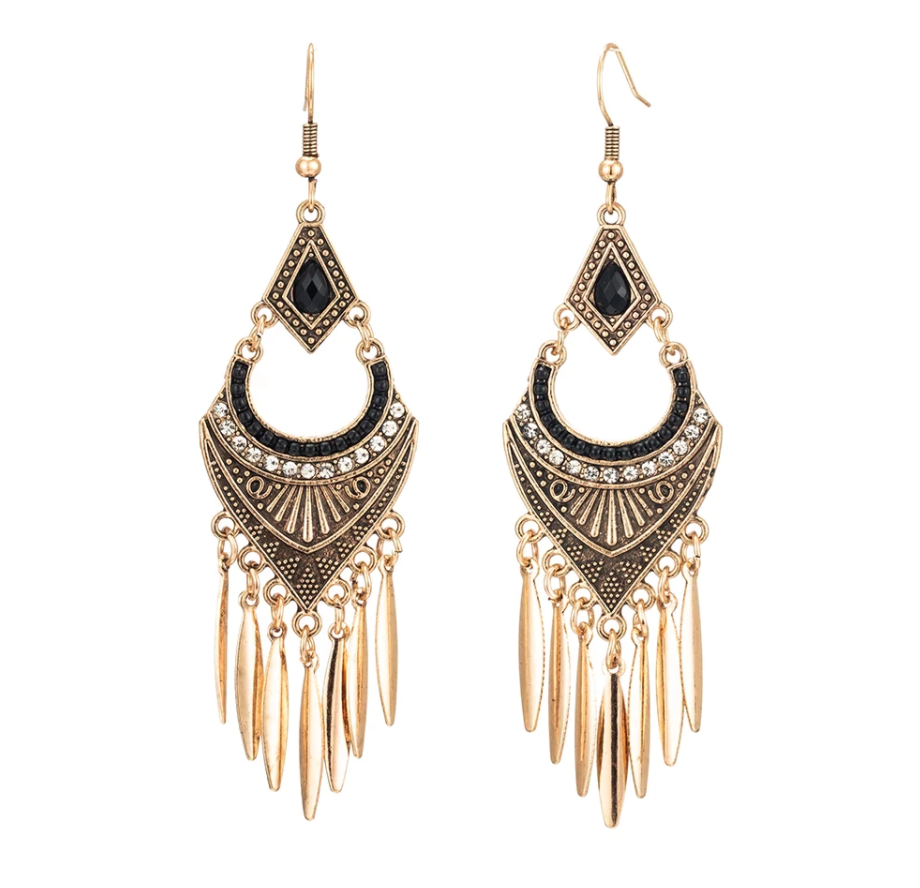 Ethnic Style Bohemian Tassel Drop Earrings - Gold/Black