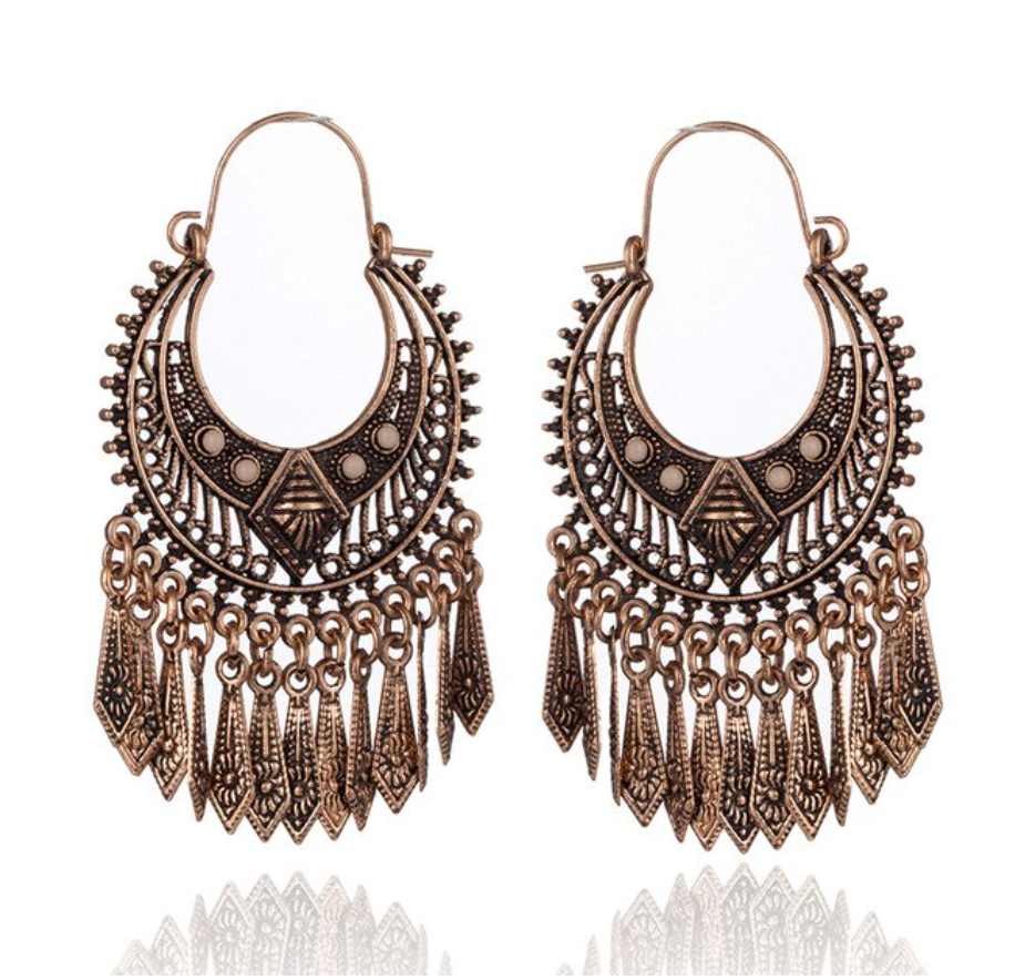 Bohemian Style Ethnic Tassel Hoop Earrings - Antique Copper