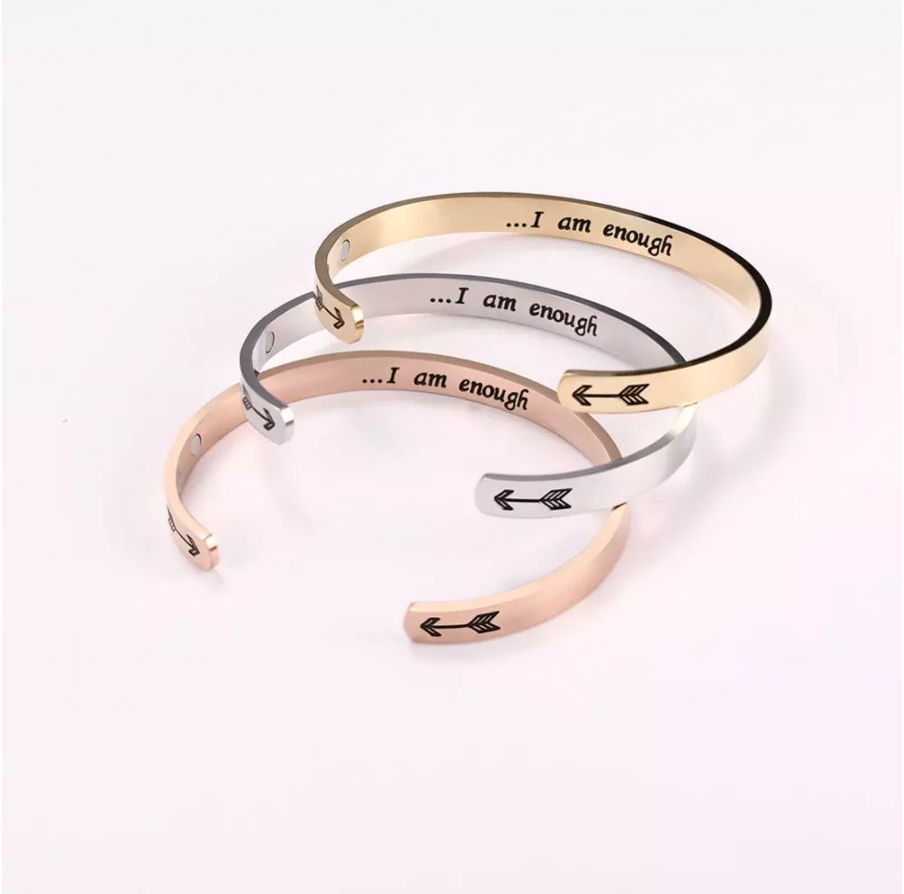 Engraved Stainless Steel Adjustable Cuff Bracelet - I am Enough -  3 Colours